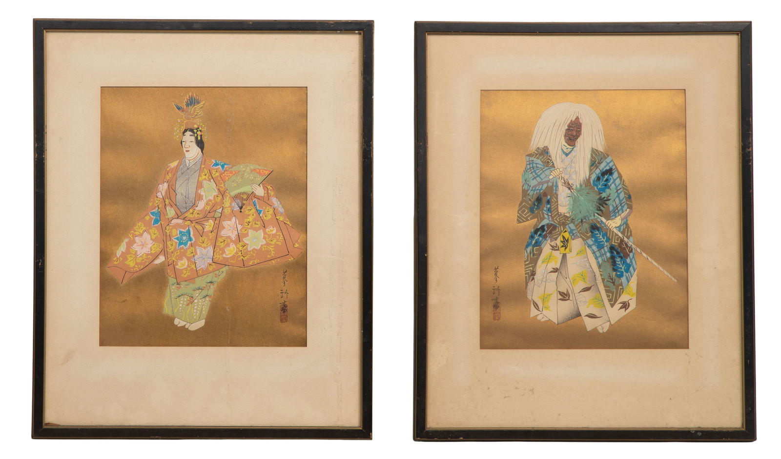 Ryoshu Yamaguchi (Japanese, 20th Century) Woodblock Prints: Ryoshu Yamaguchi (Japanese, 20th Century) Woodblock Prints (2) items including 'Phoenix' and 'Yamauba' on a golden background, both having chop mark, matted under glass in wood frames Property