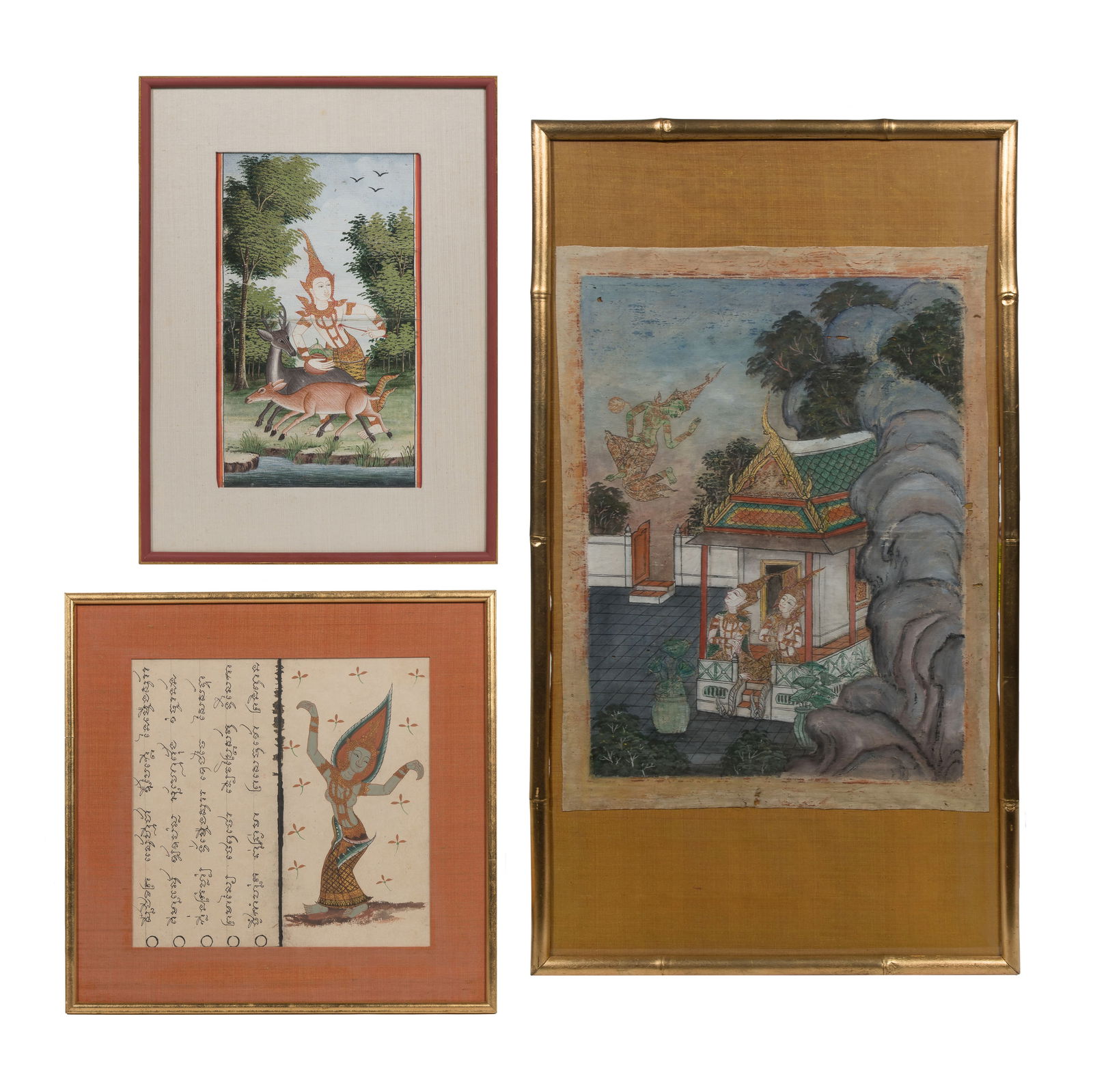 Southeast Asian Thai Gouache Assortment: Southeast Asian Thai Gouache Assortment (3) items, the largest on linen depicting humans being visited by a deity, float mounted, the others depicting deities, on paper, one having text, all