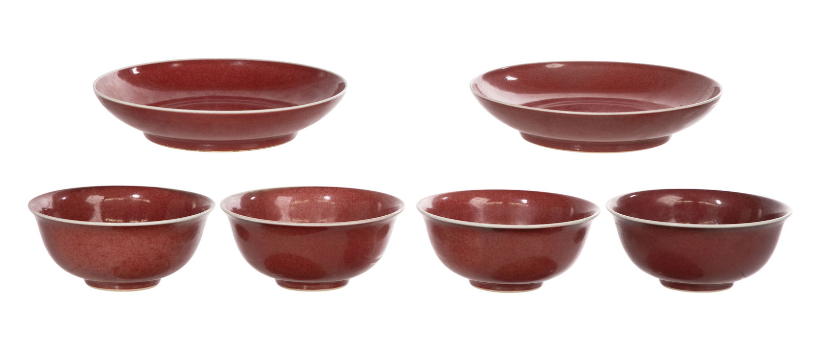 Chinese Sang de Boeuf Bowl Assortment: Chinese Sang de Boeuf Bowl Assortment (6) items, all having oxblood red glaze overall except rims and feet, including (4) matching having underglaze blue 6-character Guangxu marks underside and