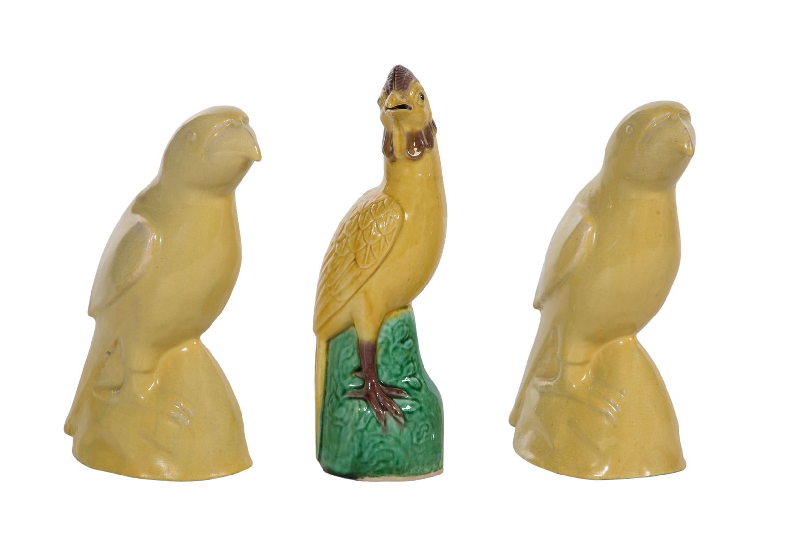 Chinese Yellow Glazed Ceramic Birds: Chinese Yellow Glazed Ceramic Birds (3) items including a pair of yellow glazed birds having labels to the interior and a golden pheasant having illegible markings on underside Property from: a