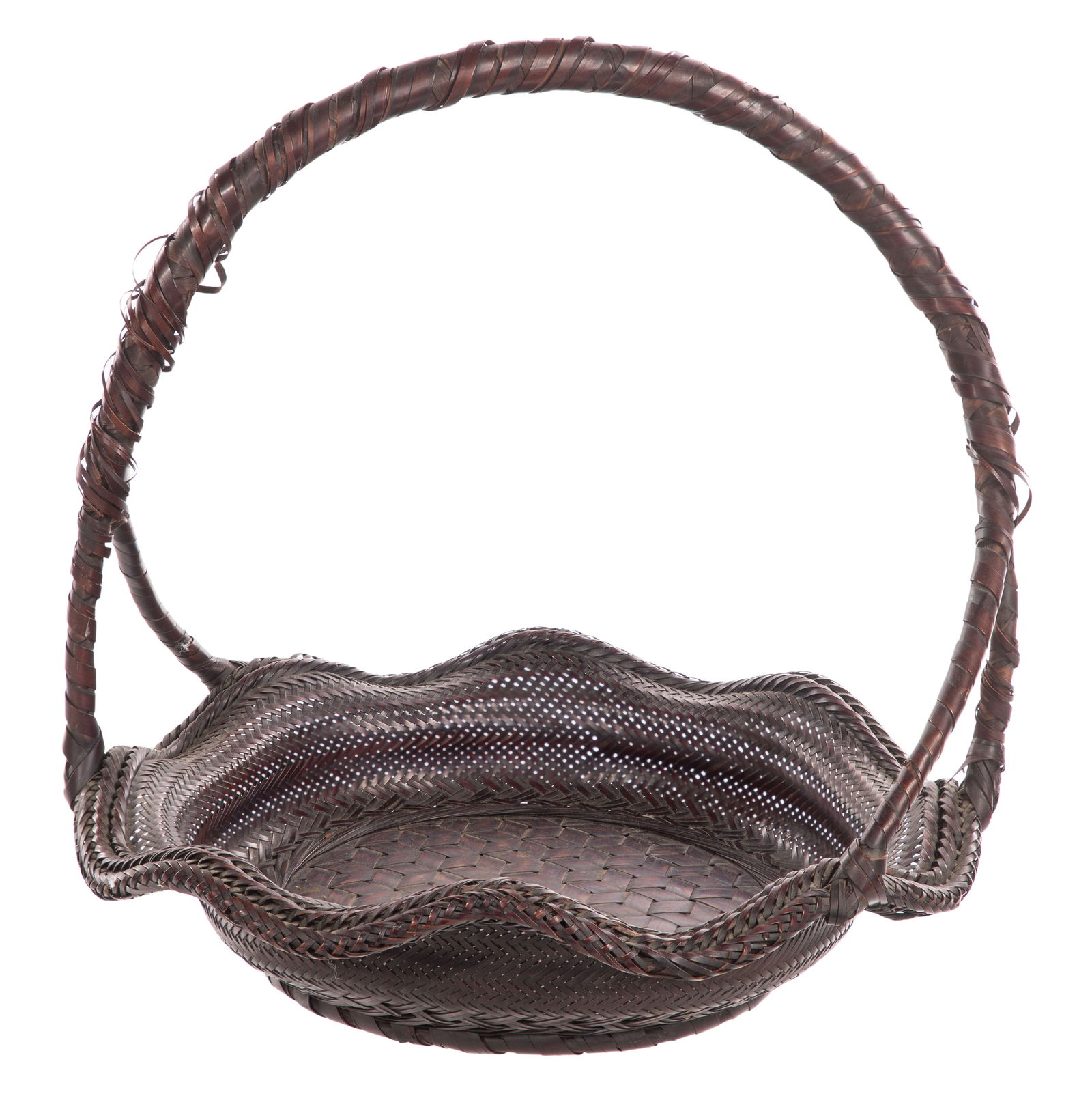 Japanese Ikebana Basket: Japanese Ikebana Basket A circular scalloped edged fruit / flower basket of smoked split bamboo having alternating double strips, twining, knotting and wrapping, a handle of bent whole stems