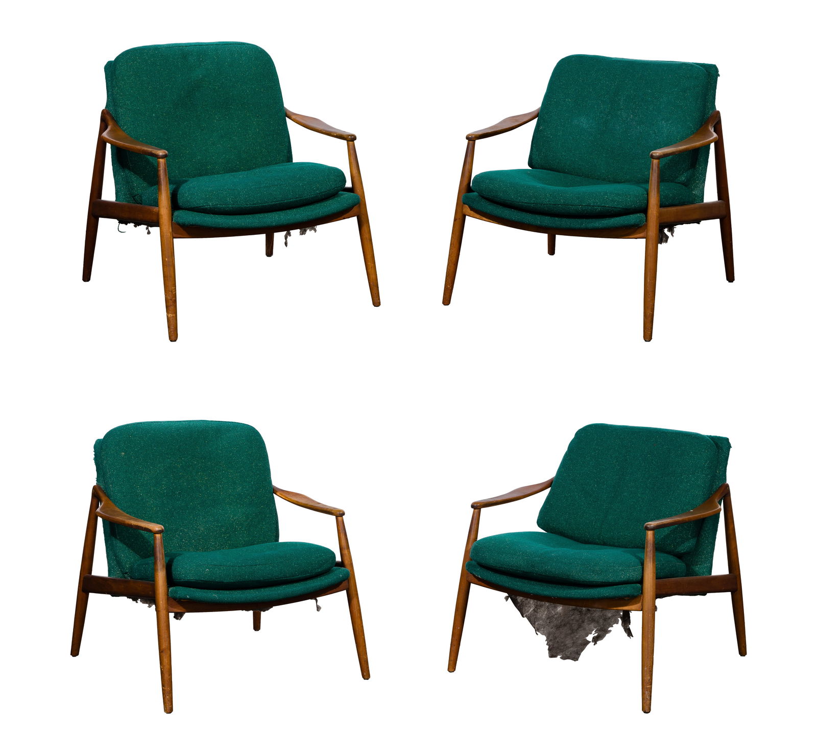 Mid Century Modern Teak Armchair Collection: Mid Century Modern Teak Armchair Collection A set of (4) lounge chairs having a teak frame and green upholstery Property from: an Estate, Kenilworth, Illinois Height: 26 inches, Width: 27