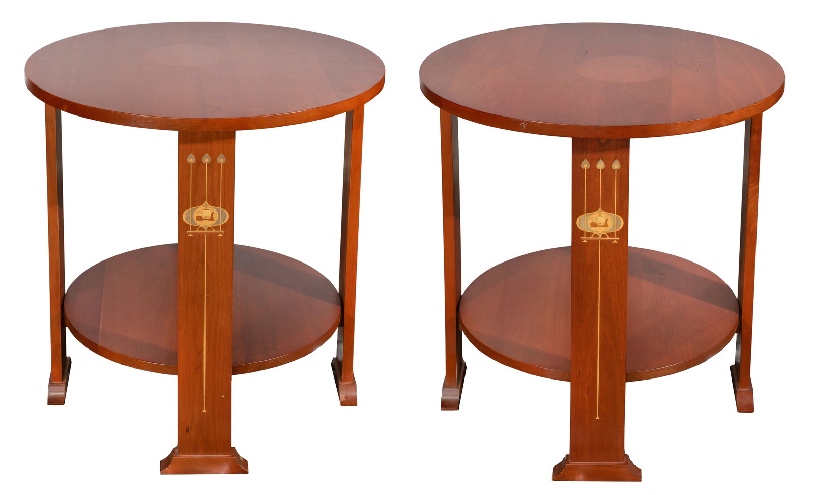 Harvey Ellis Collection for Stickley Tables: Harvey Ellis Collection for Stickley Tables A pair of cherry side tables having a round table top, four panel legs, flower and Viking ship inlay, label on underside Property from: a Private Collector,