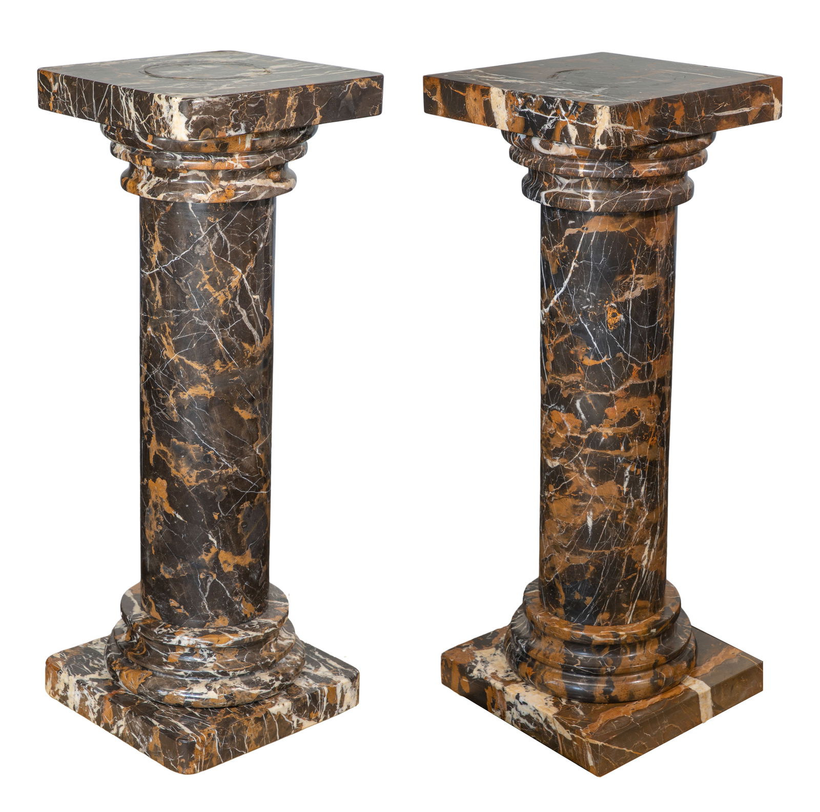 Neoclassical Marble Pedestals: Neoclassical Marble Pedestals A similar pair, columnar shaped veined black marble, square tops one having rounded edges and bases Property from: an Estate, Mt. Horeb, Wisconsin Height: 37 inches, Widt