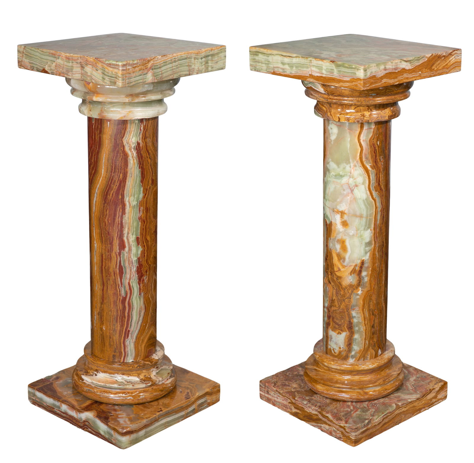 Neoclassical Style Alabaster Pedestals: Neoclassical Style Alabaster Pedestals A similar pair, columnar shaped veined green and caramel alabaster, square tops and bases Property from: an Estate, Mt. Horeb, Wisconsin Height: 37 1/4 inches, W