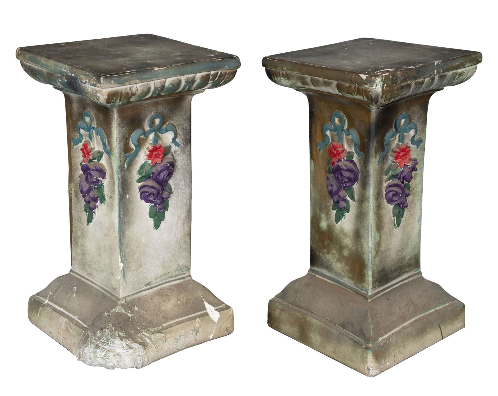 Decorative Pedestals: Decorative Pedestals A pair of plaster stands having a painted floral motif in relief Property from: a Private Collector, Chicago (Edgewater), Illinois Height: 29 1/2 inches, Width: 15 1/2
