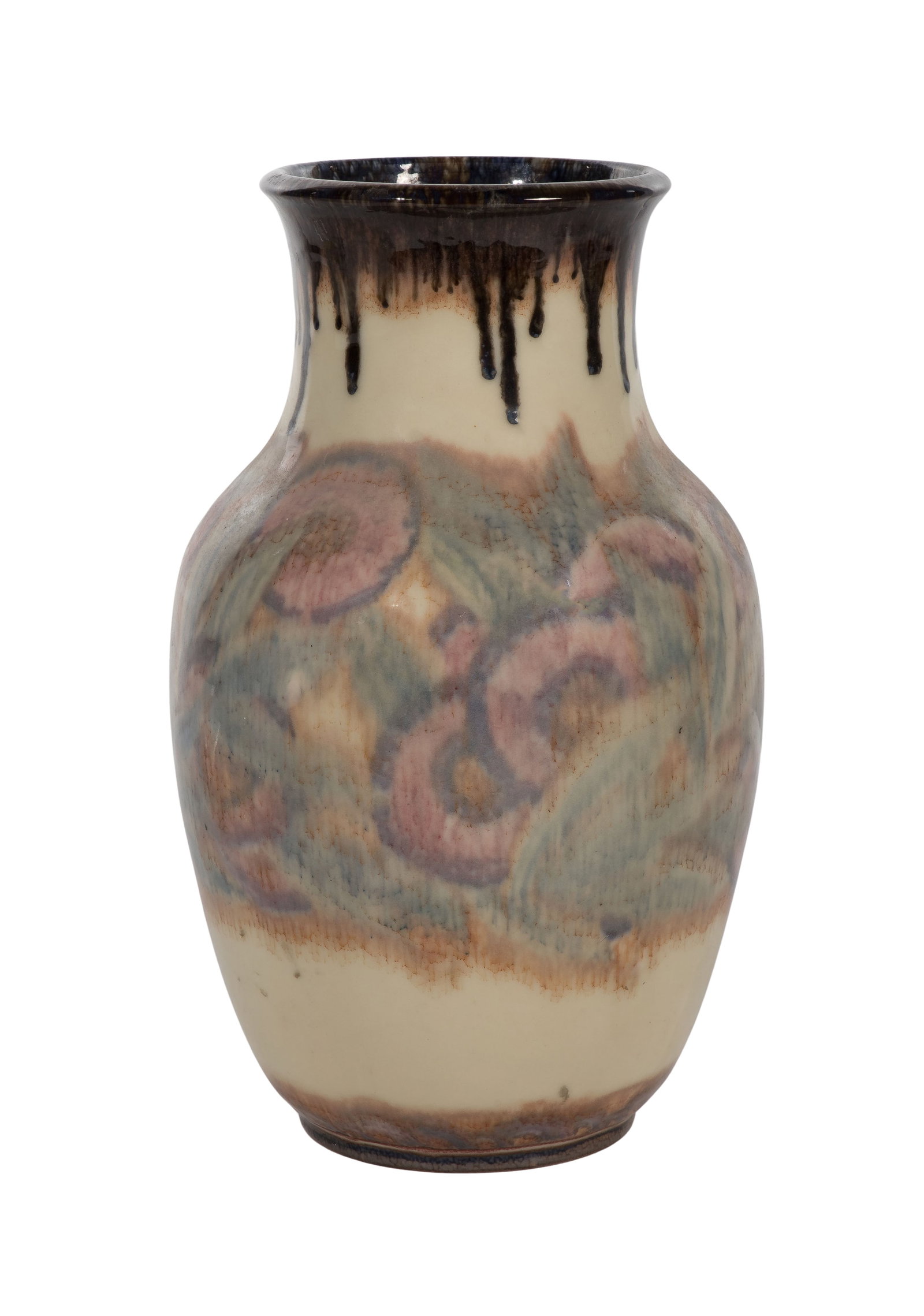 Lorinda Epply for Rookwood Pottery Floor Vase: Lorinda Epply for Rookwood Pottery Floor Vase Having a high glaze finish, an abstract floral design on a cream-colored background and a distinctive dark, drippy glaze around the rim, signed by artist