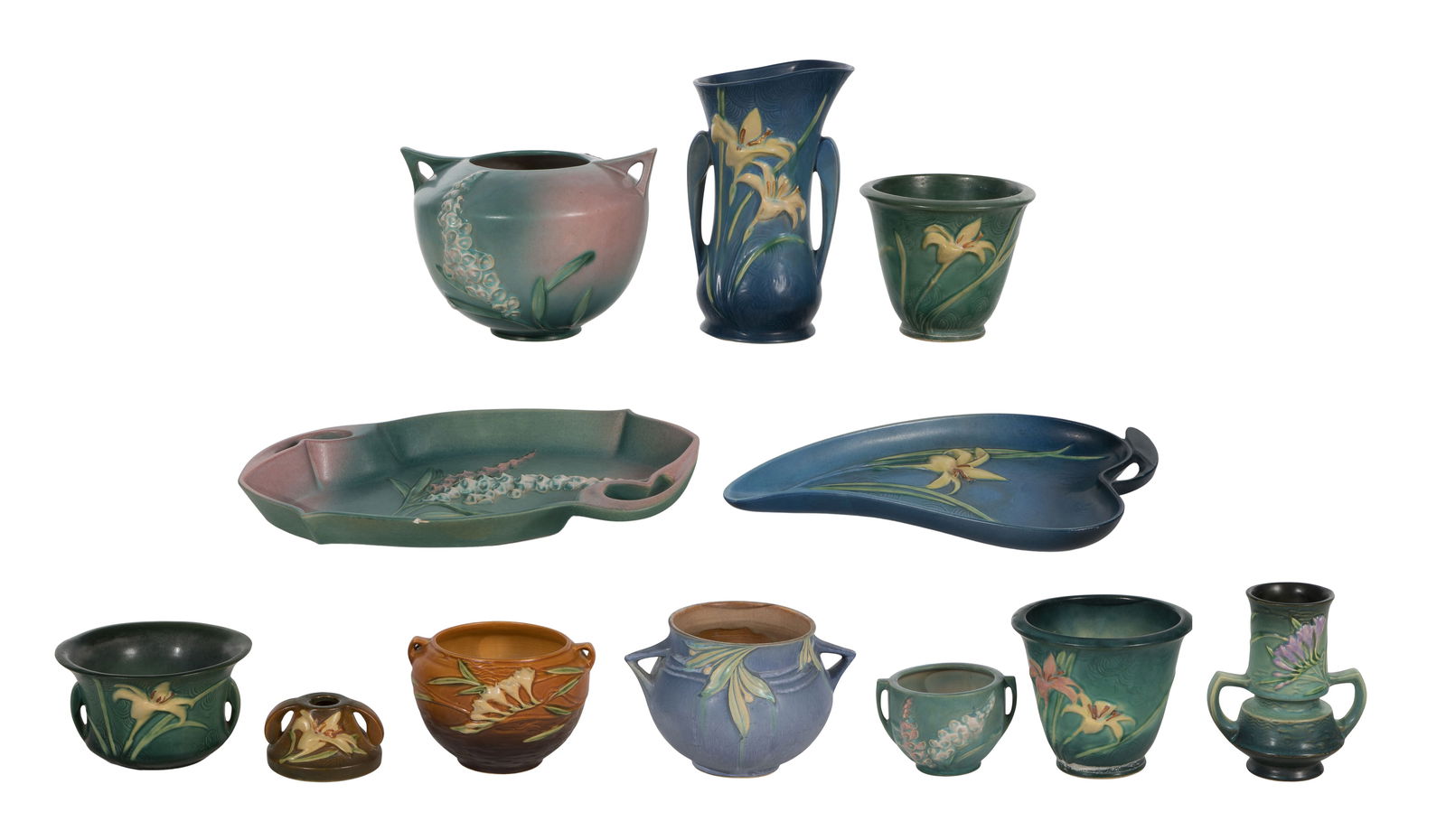 Roseville Pottery Assortment: Roseville Pottery Assortment (12) items including bowls, planters, trinket trays and vases in the Zephyr Lily, Foxglove and Freesia designs, marked on the underside Property from: an Estate,