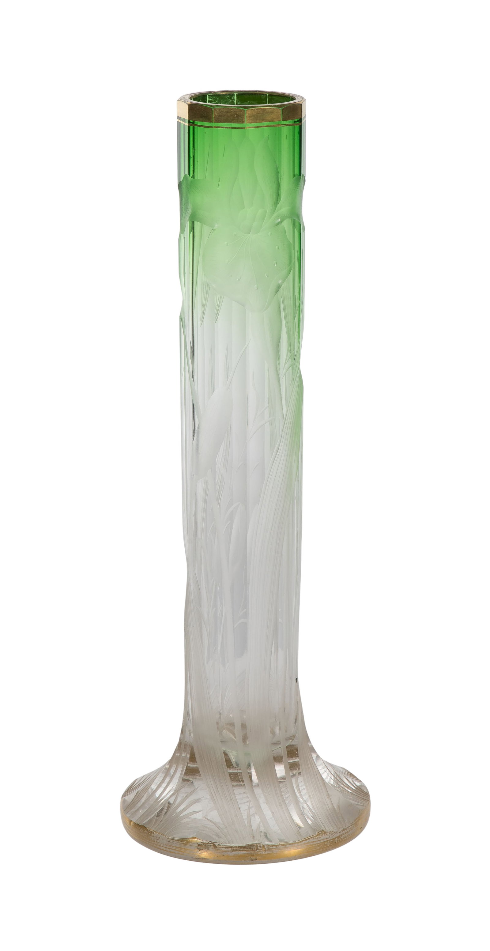 Attributed to Moser Intaglio Glass Vase: Attributed to Moser Intaglio Glass Vase Green to clear ribbed cylindrical glass vase having intaglio cut iris and cat tails, gilt band to mouth and foot rim Property from: an Estate, Chicago,