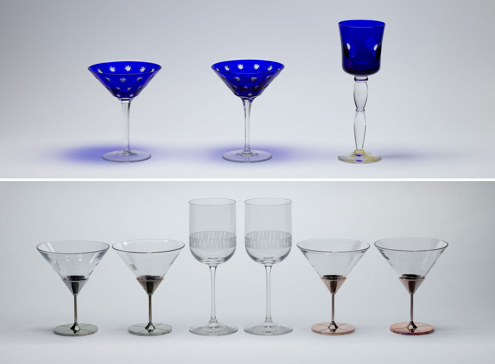Designer Stemware Assortment: Designer Stemware Assortment (9) items including a pair of Faberge Galaxie martini glasses in original fabric covered and lined case, (2) pairs of Vera Wang Challis martini glasses, both pairs