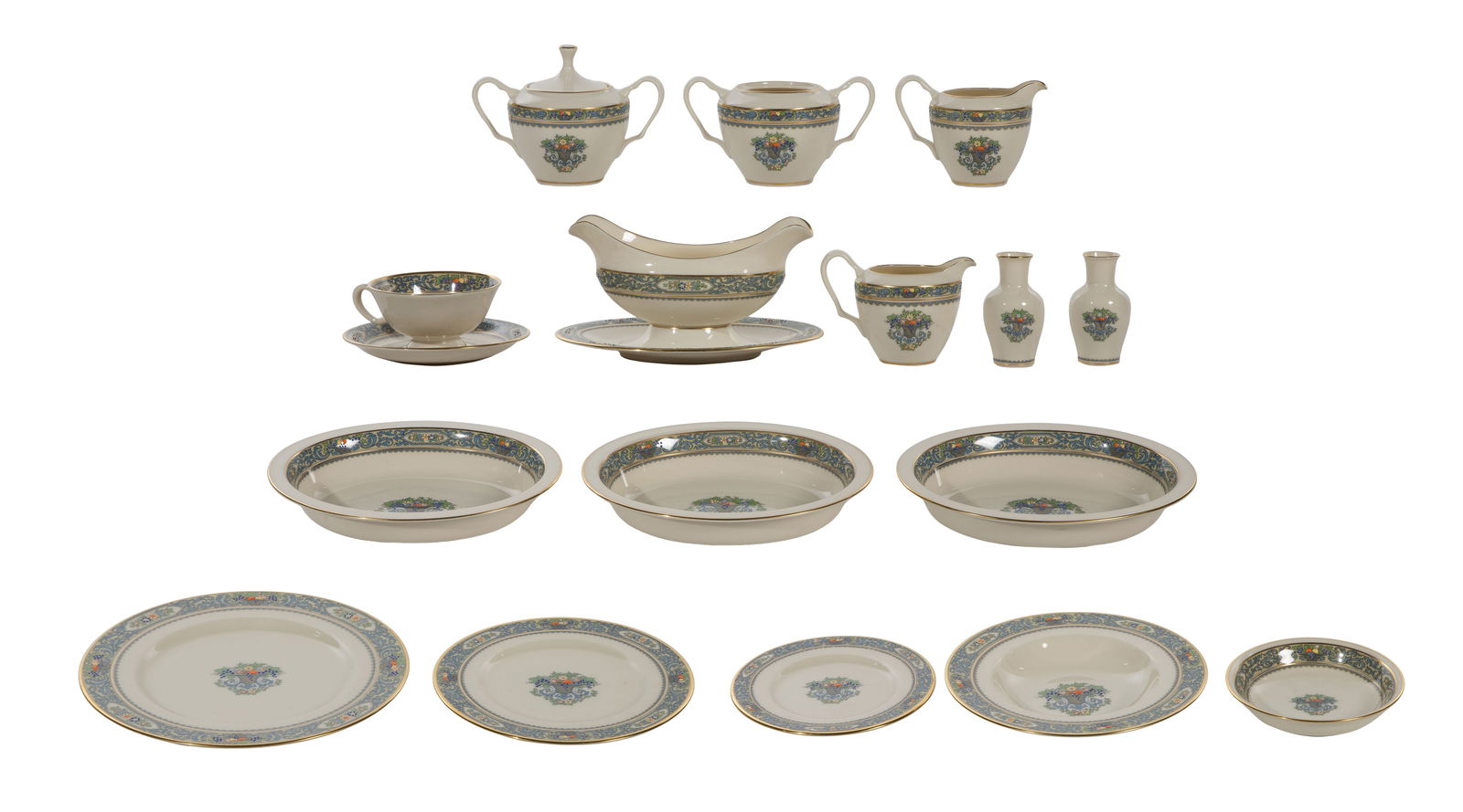 Lenox Autumn China Service: Lenox Autumn China Service (106) items including (16) 10 1/2-inch dinner plates, (16) 8 1/4-inch salad plates, (14) 6 3/8-inch bread and butter plates, (13) 2 1/4-inch coffee cups, (14) 5 5/8-inch