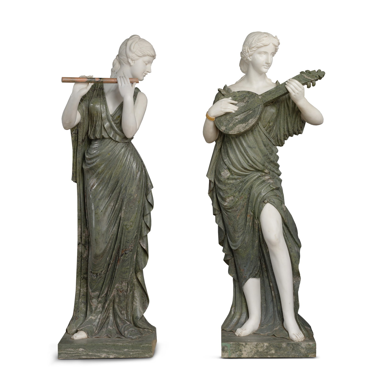 Neoclassical Style Marble Statues: Neoclassical Style Marble Statues (2) life size items made from two types of marble, one holding a flute and the other holding a stringed instrument, on square marble bases Property from: an