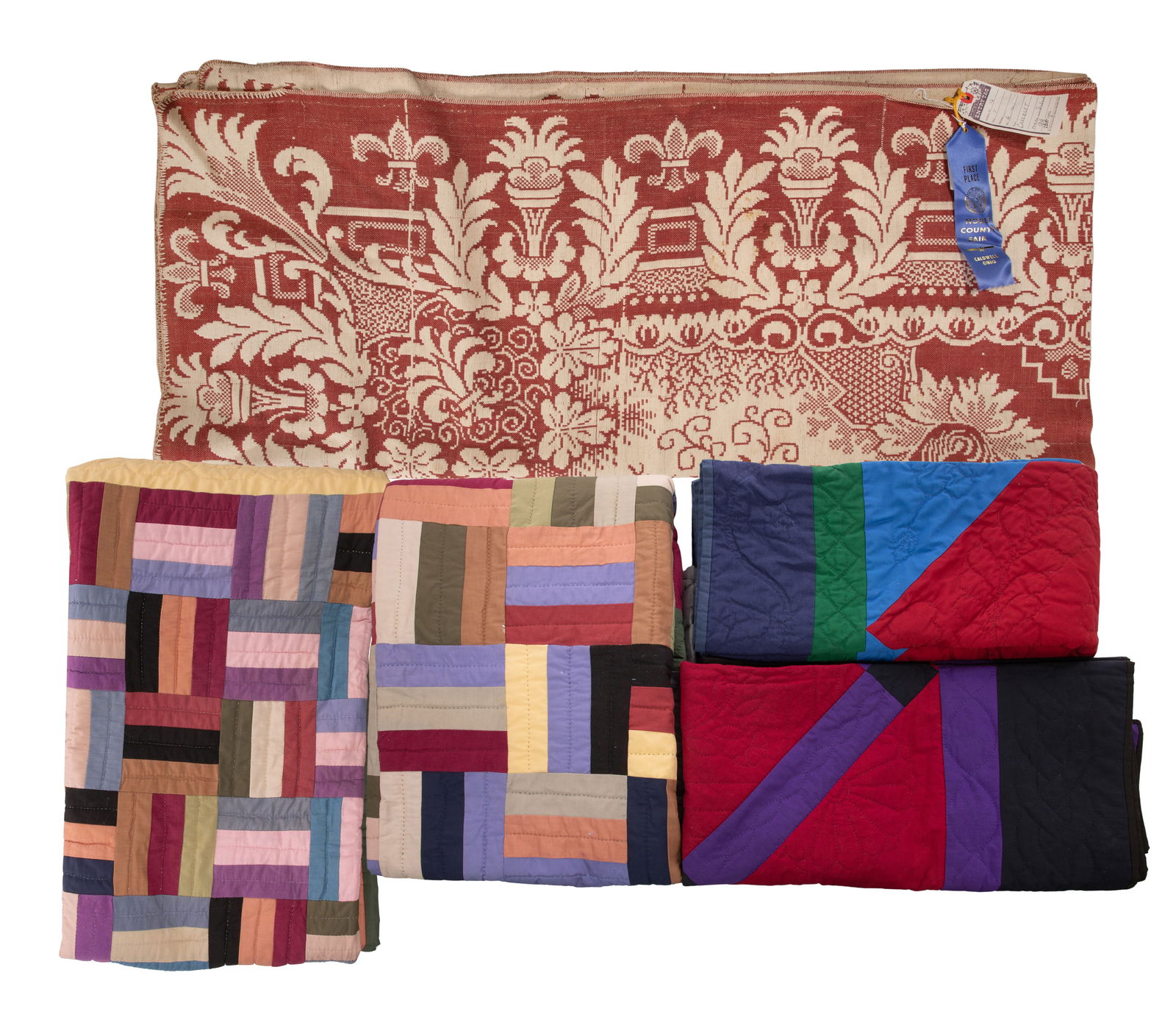 Quilt Assortment: Quilt Assortment (18) total items, mostly quilts having various colors, patterns and decorative techniques; together with a jacquard loomed coverlet having rust on cream floral decoration, hang