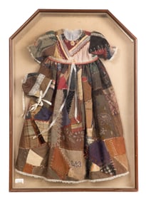 Framed Crazy Quilt Child's Dress and Bonnet Set