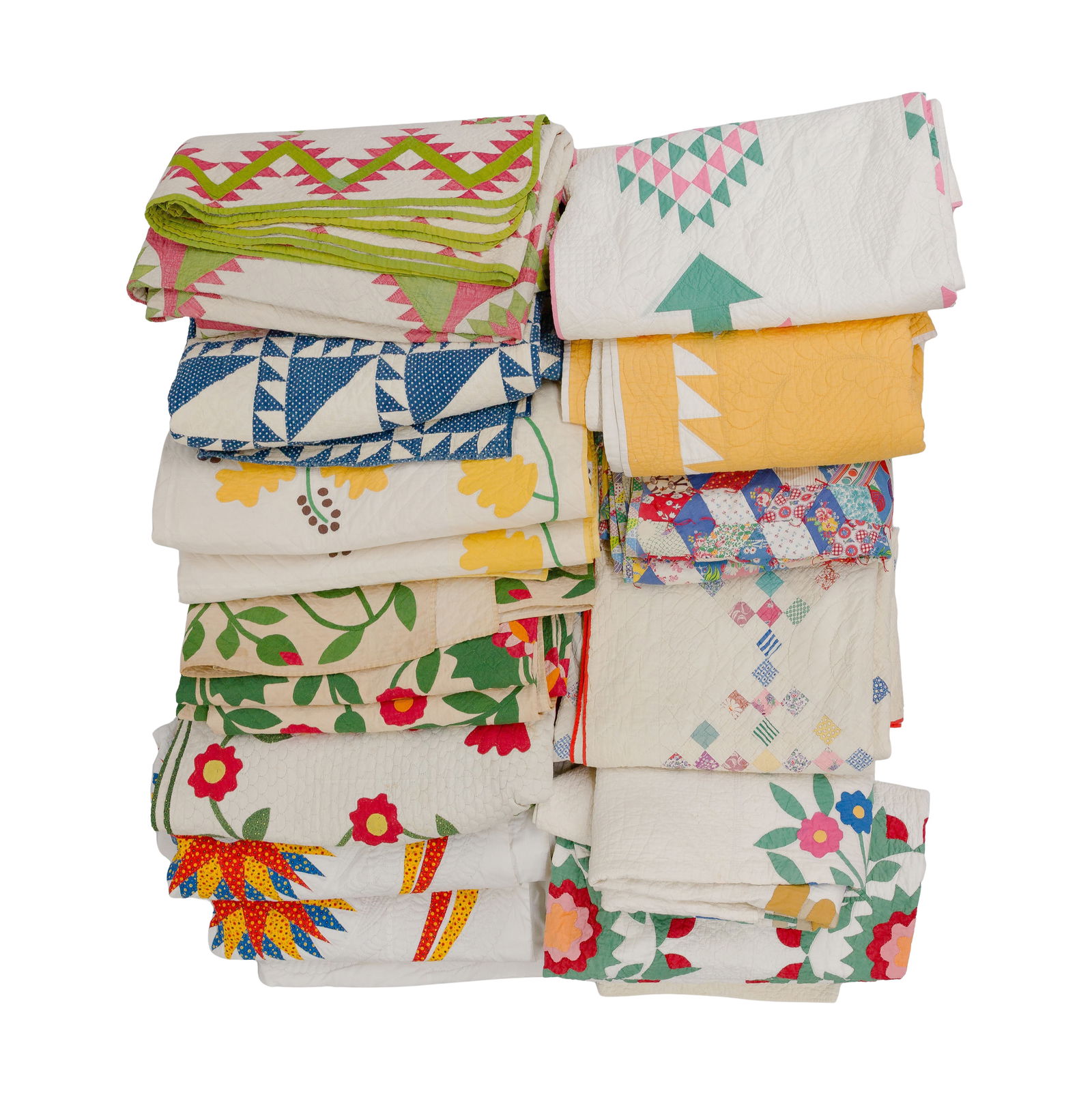 Quilt Assortment: Quilt Assortment (12) items of various shapes, sizes, eras, colors, patterns and materials, most hand stitched Property from: an Estate, Chicago, Illinois Length: 90 inches, Width: 85 inches