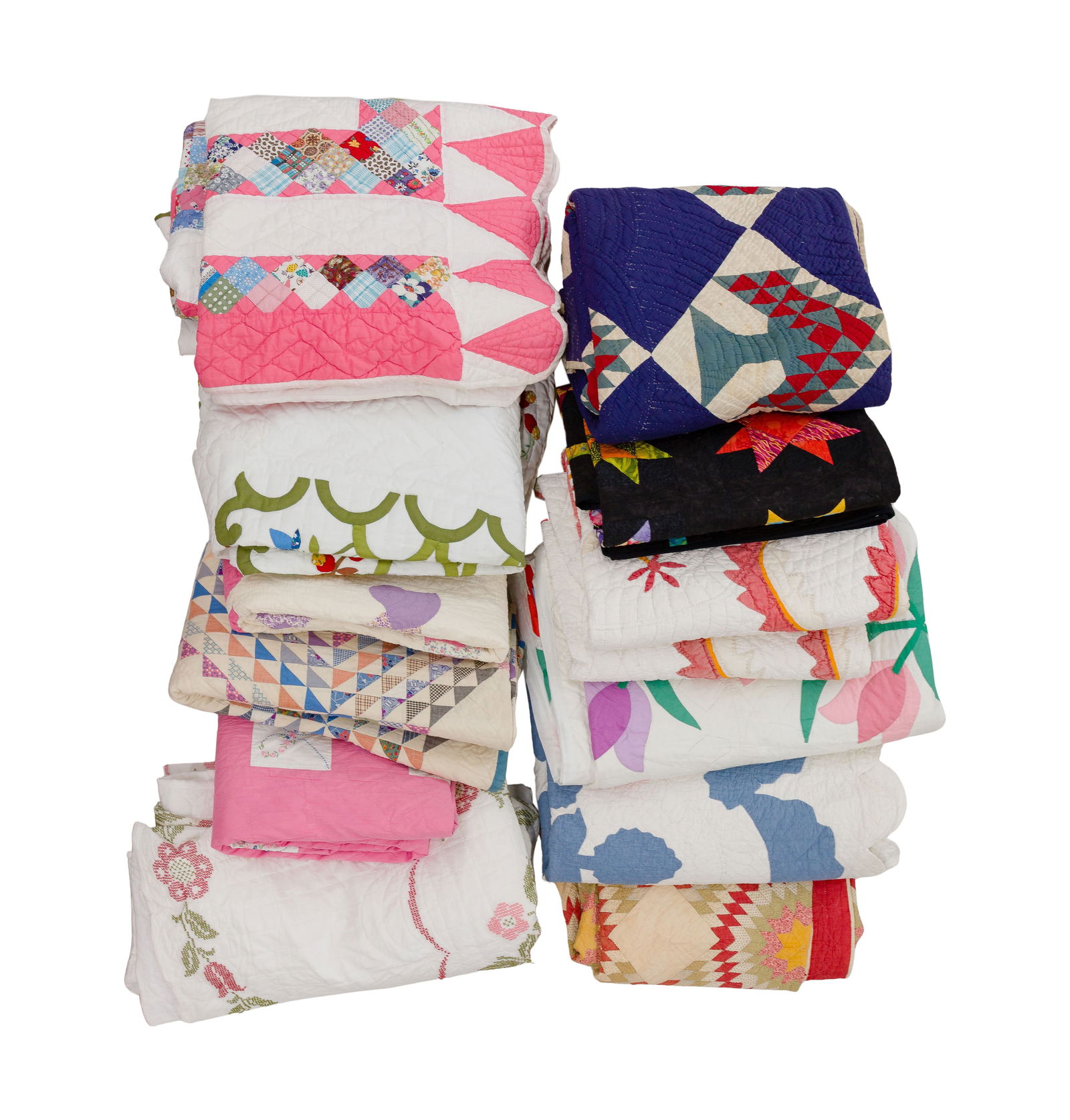 Quilt Assortment: Quilt Assortment (12) items of various shapes, sizes, eras, colors, patterns and materials, most hand stitched Property from: an Estate, Chicago, Illinois Length: 90 inches, Width: 85 inches