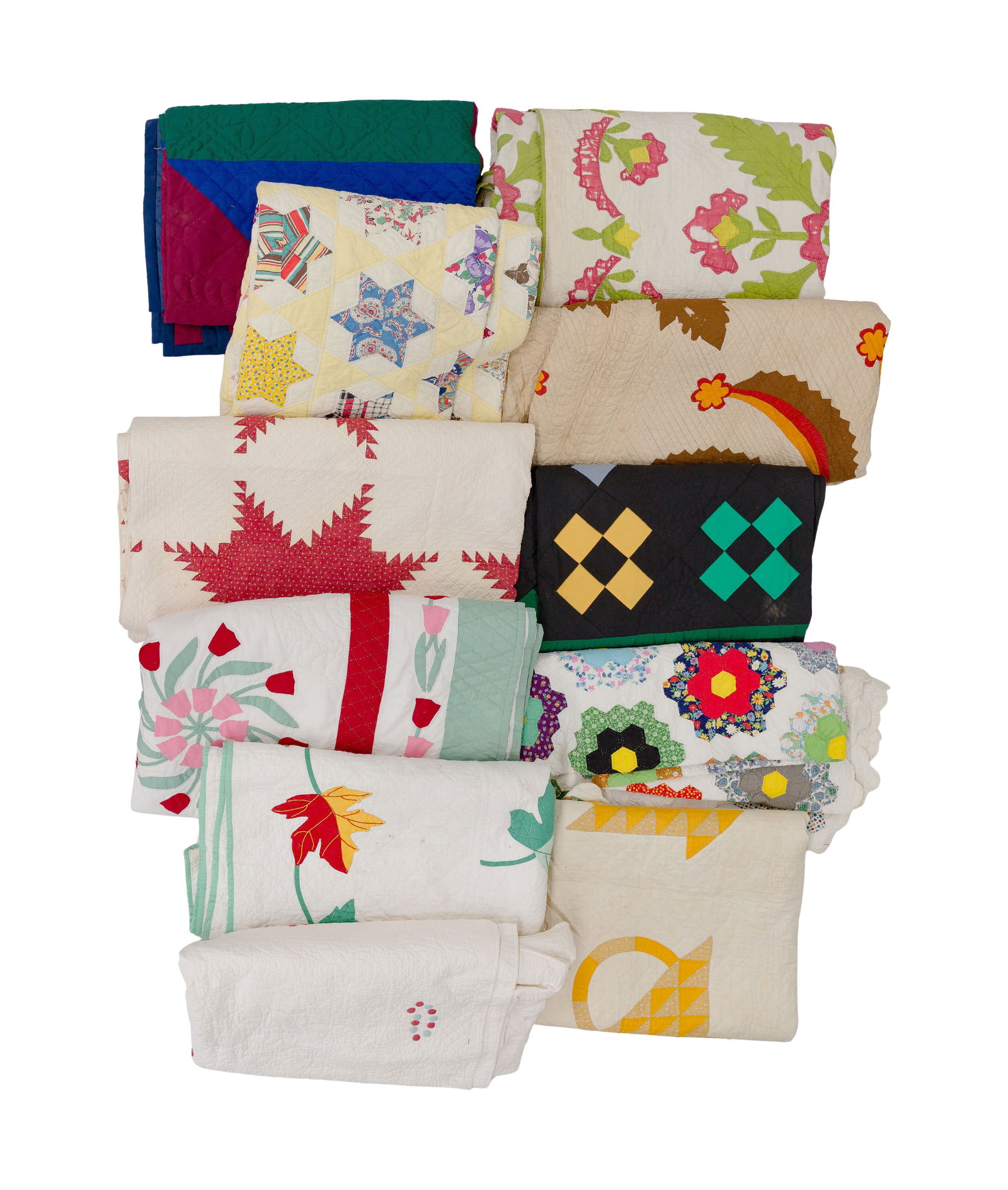 Quilt Assortment: Quilt Assortment (11) items of various shapes, sizes, eras, colors, patterns and materials, most hand stitched Property from: an Estate, Chicago, Illinois Length: 90 inches, Width: 85 inches