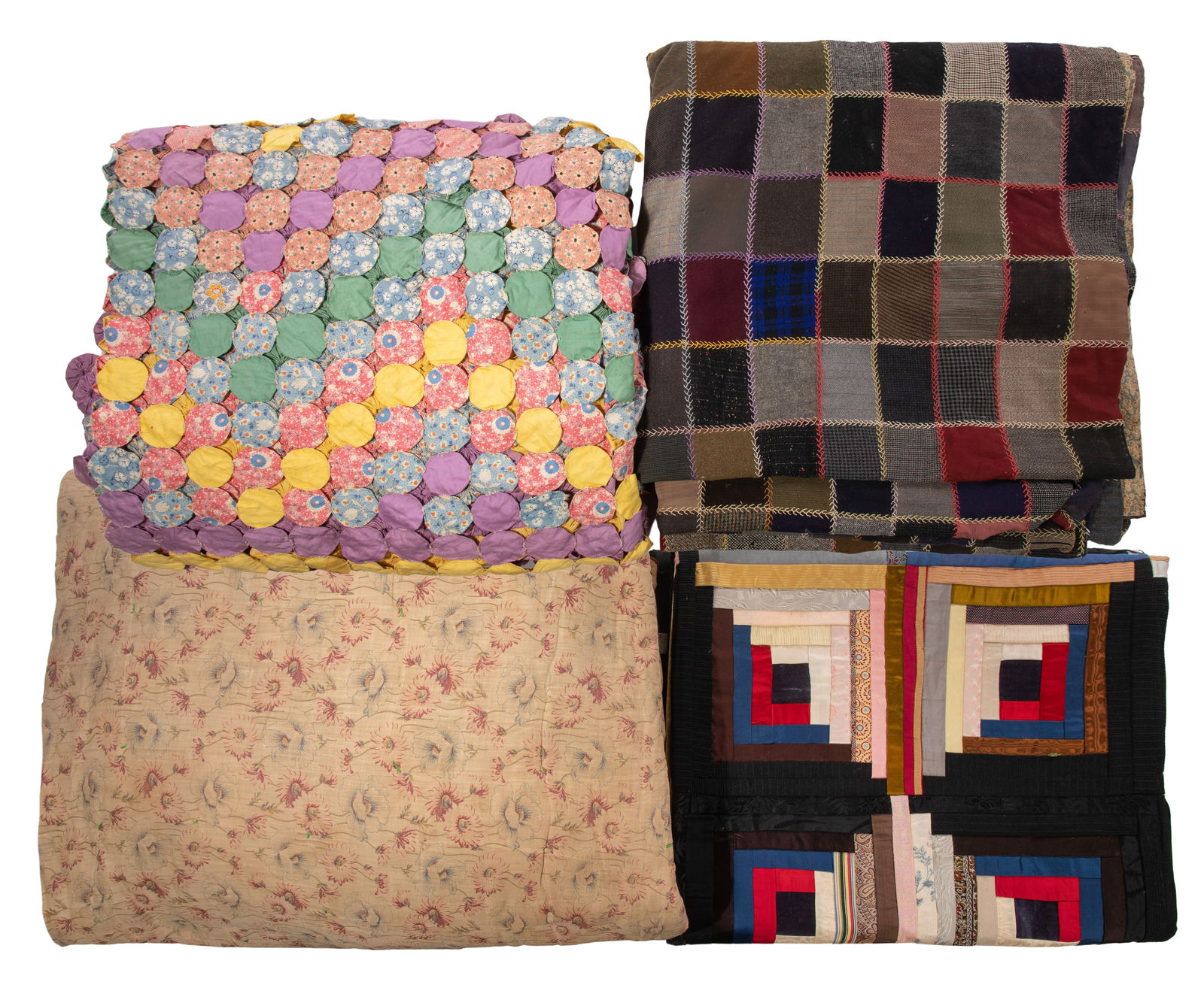 Quilt Assortment: Quilt Assortment (4) items including a yo-yo coverlet, a log cabin pattern and (2) simple square patchwork Property from: an Estate, Chicago, Illinois Length: 97 inches, Width: 87 inches (yo-yo quilt)