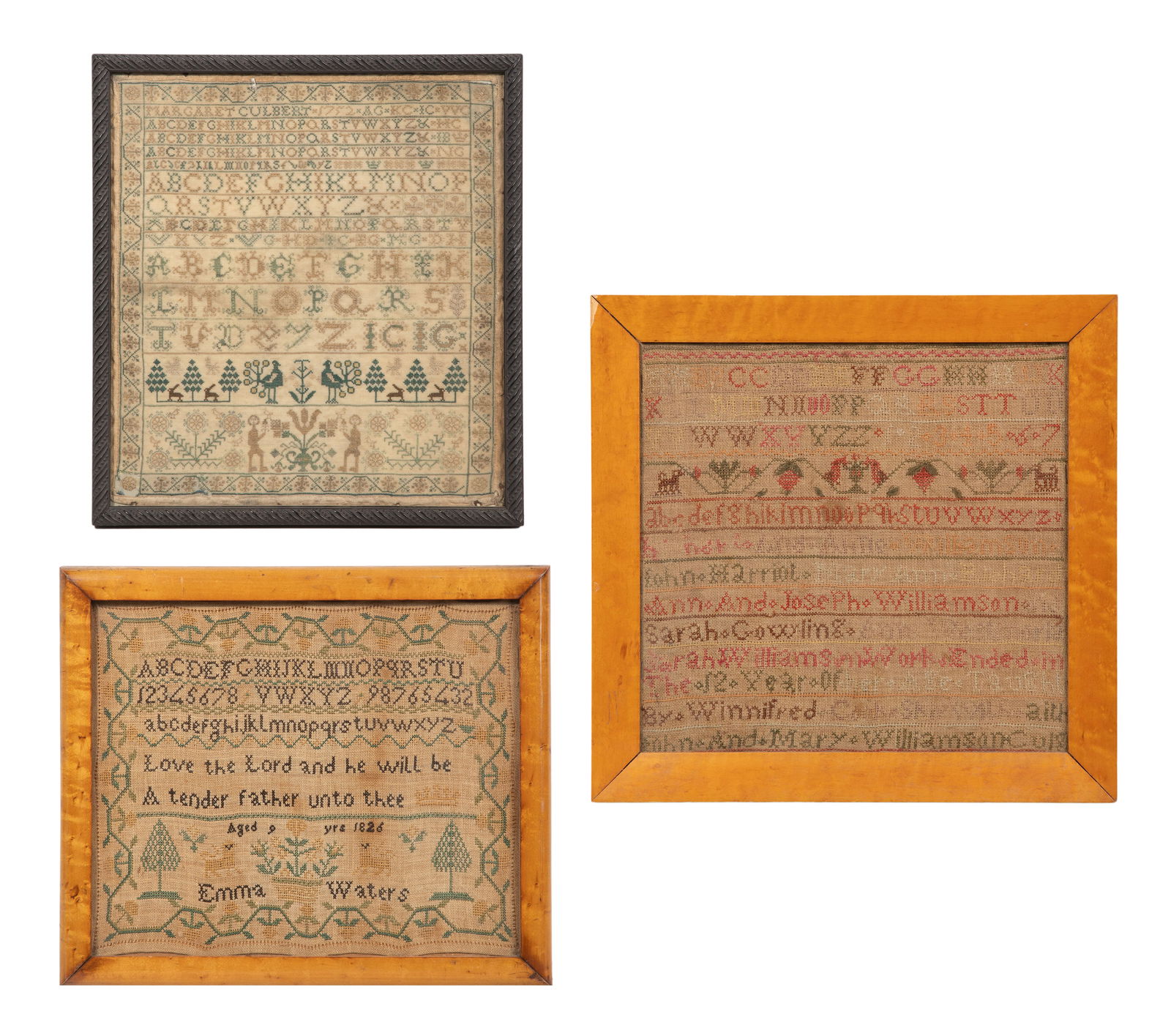 18th and 19th Century Cross-stitch Samplers: 18th and 19th Century Cross-stitch Samplers (3) items including a 'Margaret Culbert - 1752' having a band of alternating trees and animals above a band of flowers and figures, an 'Aged 9 yrs 1826 / Em