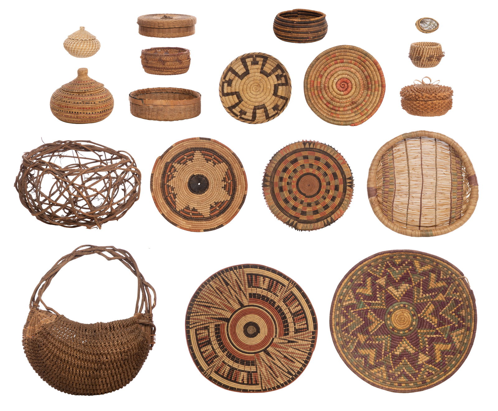 Native American Basket Assortment: Native American Basket Assortment (18) total items including Native American Penobscot curly splint lidded bowl, (2) Tono O'odham (Papago) pine needle and a coil tray, an Akimel O'odham (Pima) coil bo