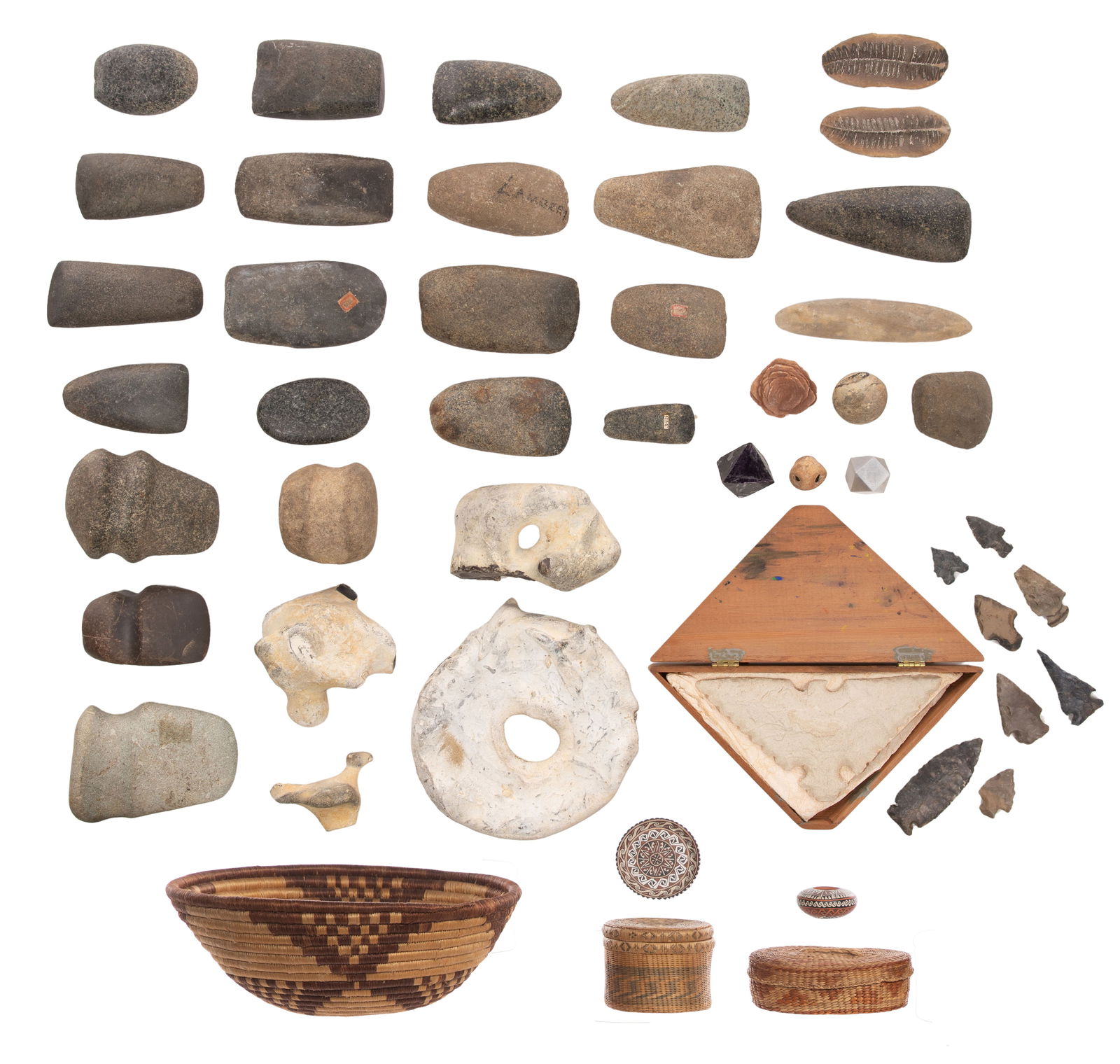 Arrowhead and Tool Assortment: Arrowhead and Tool Assortment Approximately (40) items including axes, tools and points of various shapes, sizes and stones; together with some fossils and Northwest and Apache baskets Property from: