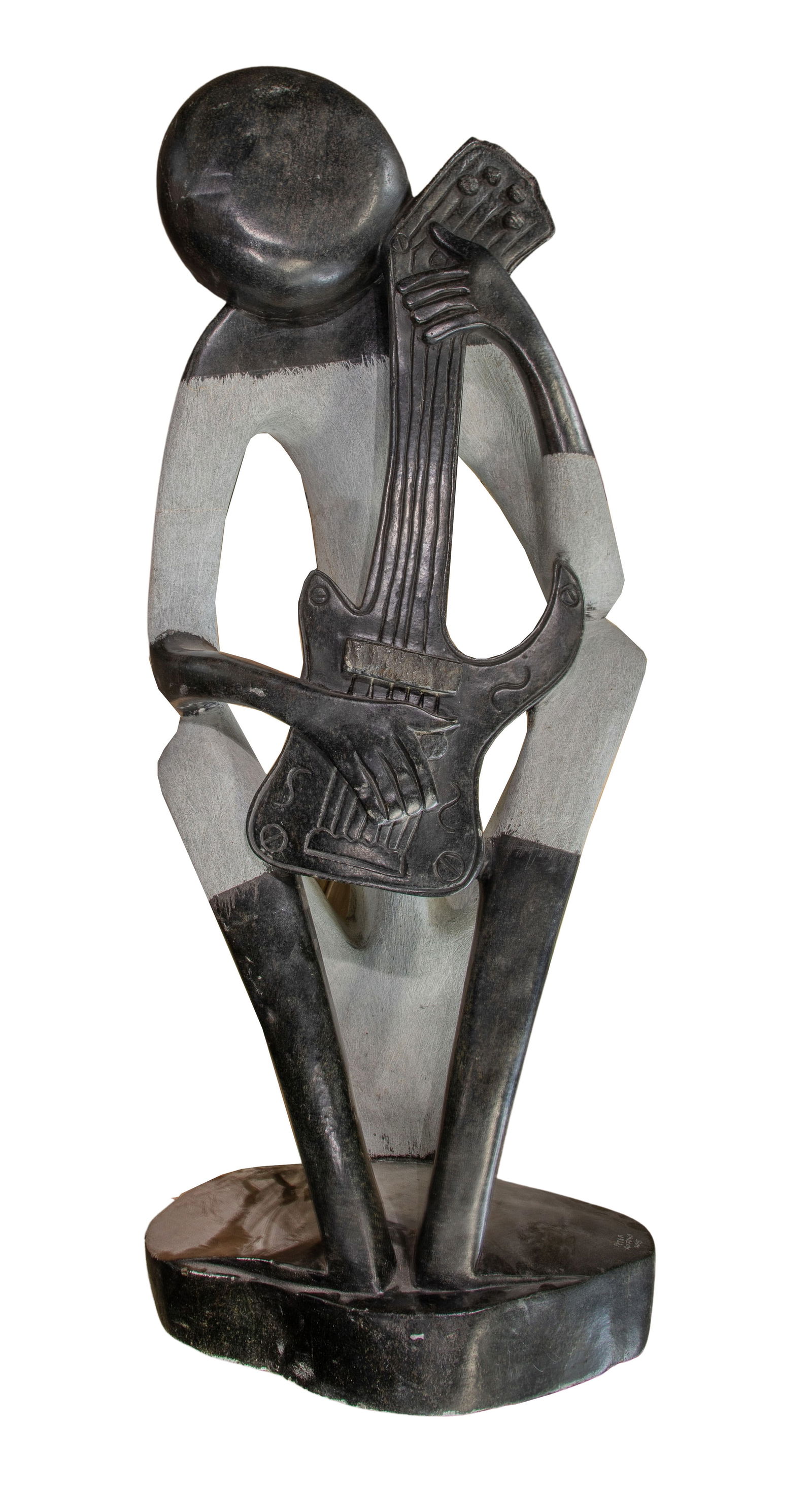 Peter Rujuwa (Zimbabwean, 20th Century) Shona Style Stone Sculpture: Peter Rujuwa (Zimbabwean, 20th Century) Shona Style Stone Sculpture 2015, carved date and signature, open work depiction of a guitar player having areas of lighter abraded surface Property from: a Pri