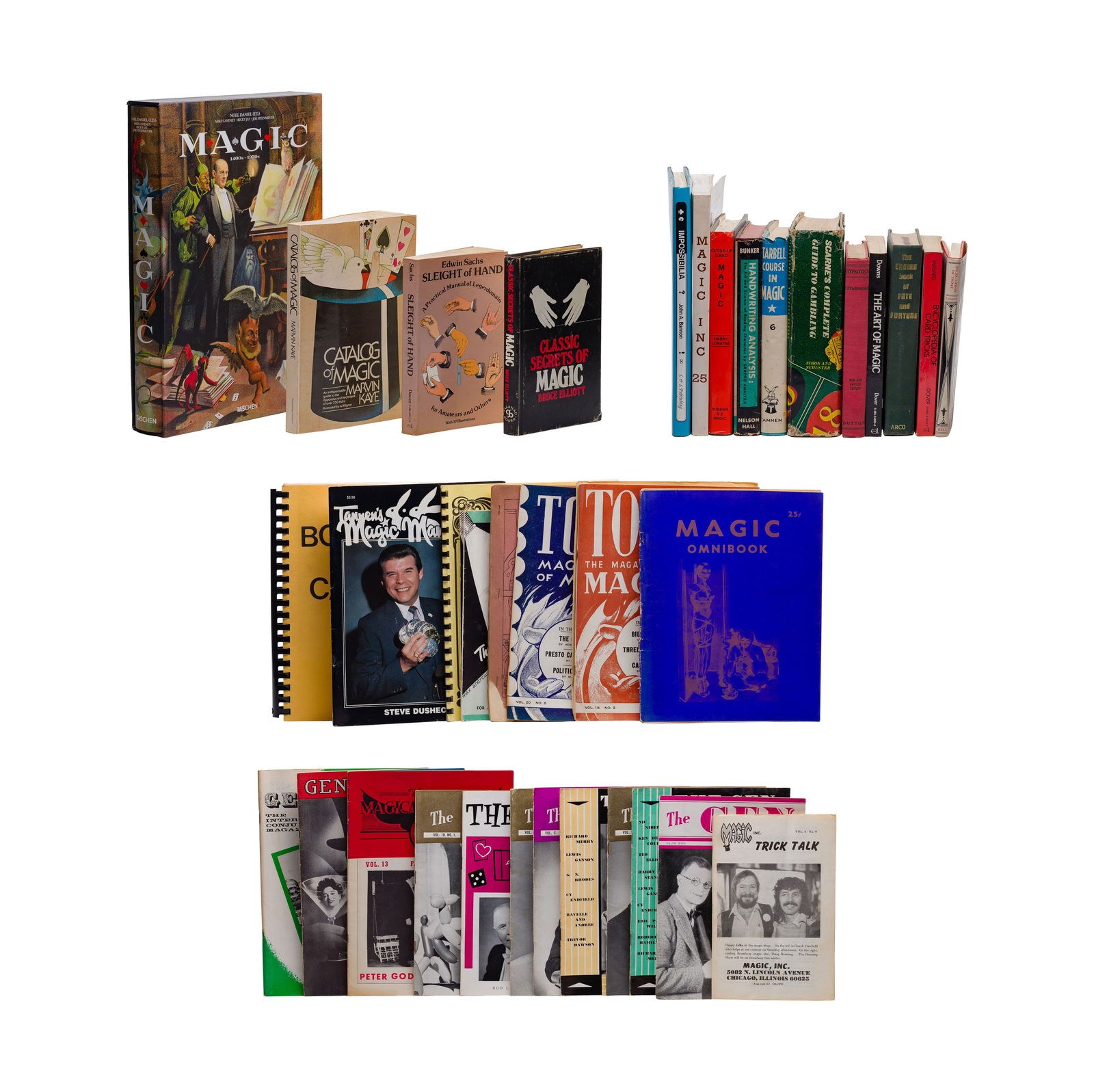 Magic Book and Periodical Assortment: Magic Book and Periodical Assortment Approximately (36) items on various subjects including 'Sleight of Hand', 'Catalog of Magic', 'Classic Secrets of Magic' as well as games and gambling 