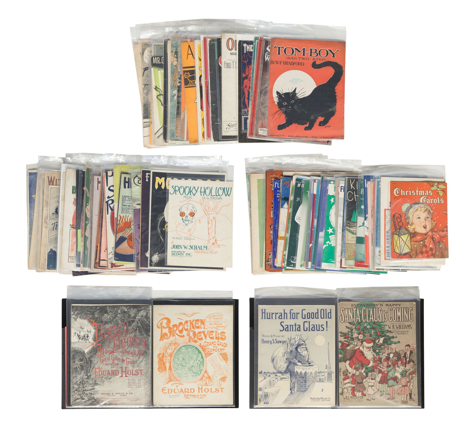 Halloween and Christmas Sheet Music Assortment: Halloween and Christmas Sheet Music Assortment Approximately (150) items presenting songs about Halloween, devils, black cats, witches and ghosts as well as assorted Christmas Property from: an Estate