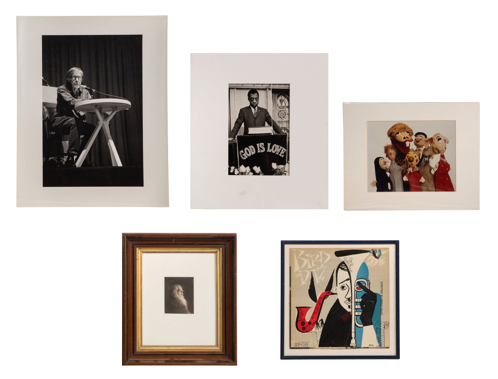 Photograph Assortment: Photograph Assortment (5) total items including 'James Baldwin at the Pulpit, New Orleans 1963' by Steve Schapiro (American, 1934-2022), pencil initialed, titled, matted and having photographer