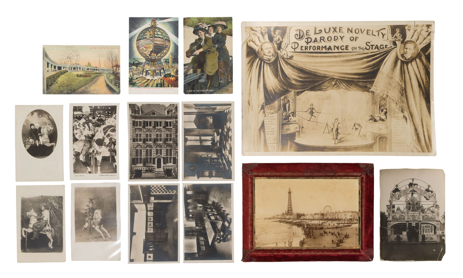 Amusement Photographic Assortment: Amusement Photographic Assortment Approximately (200) items including cabinet cards, stereoviews, mounted souvenir images, postcards, press and other photographs, many in a binder marked