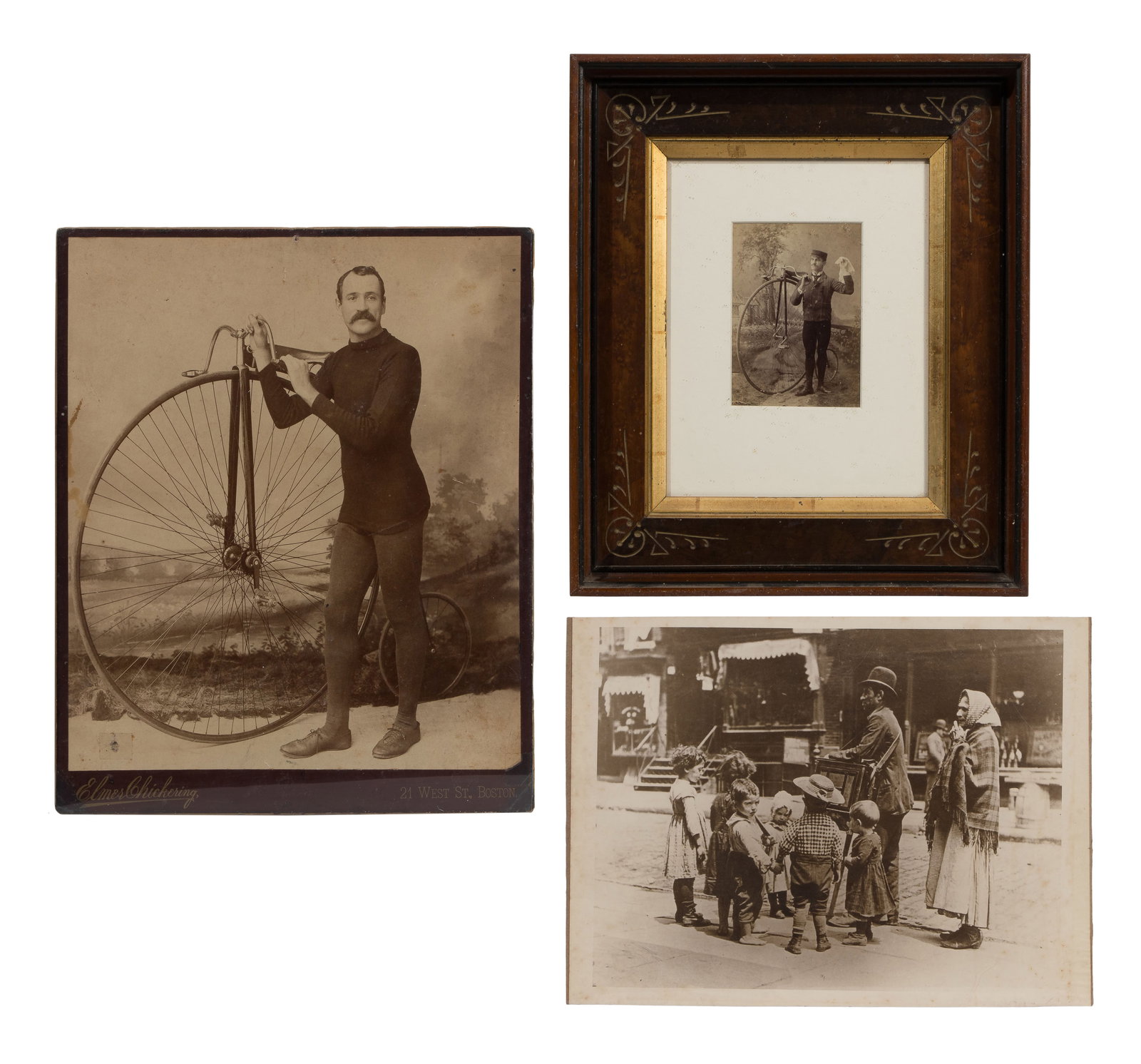 Photograph Assortment: Photograph Assortment (3) items including a 15.5 x 13-inch albumen print depicting a man and his penny-farthing or high-wheeler bicycle, mounted on a 17 x 13-inch card having the imprint of Boston