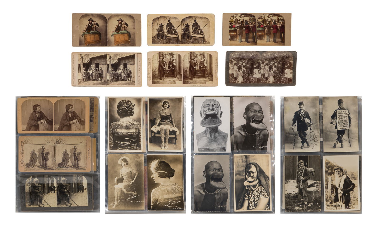 Tramp and Body Modification Photographic Assortment: Tramp and Body Modification Photographic Assortment Approximately (135) items including postcards and stereoviews depicting tramps as well as individuals having body modifications and tattoos from aro