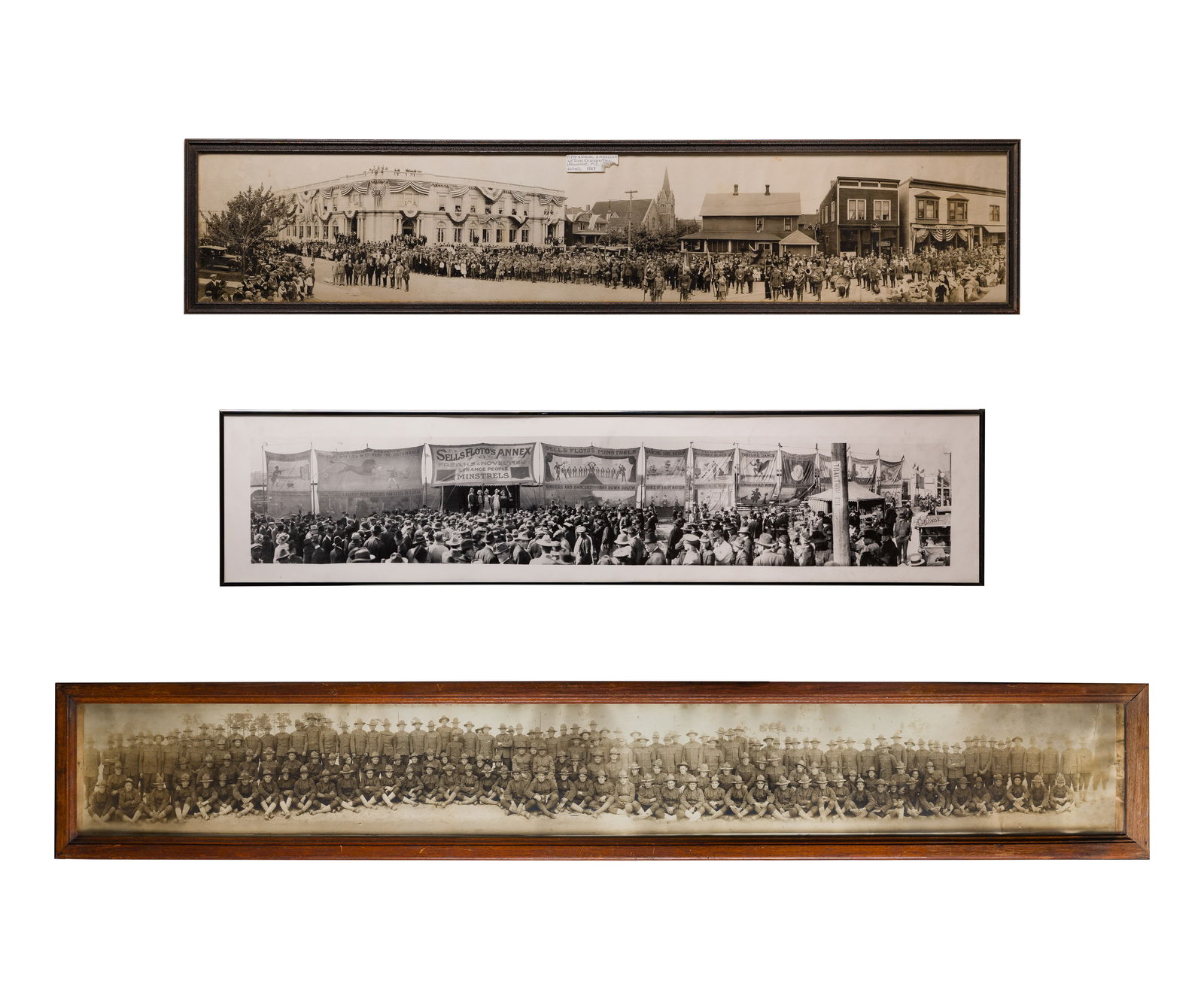 Panoramic Photographic Assortment: Panoramic Photographic Assortment (3) items including large military units and community gatherings, all under glass in frames Property from: an Estate, Chicago, Illinois Height: 9 inches,