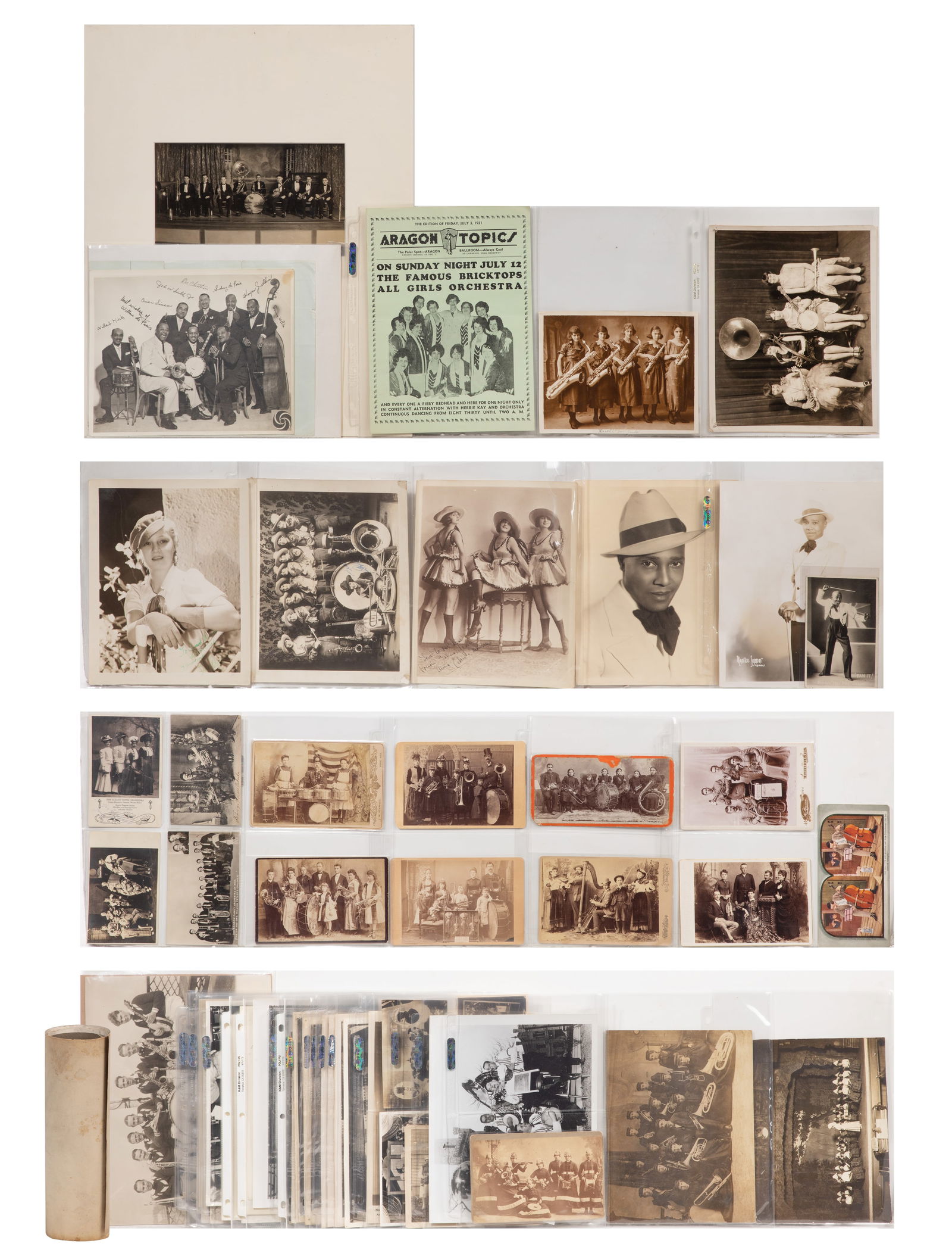 Band Photographic Assortment: Band Photographic Assortment Approximately (75) items of various sizes and subjects, including postcards, cartes de visite, and photographs, featuring jazz, female and big bands, most loose and in pla