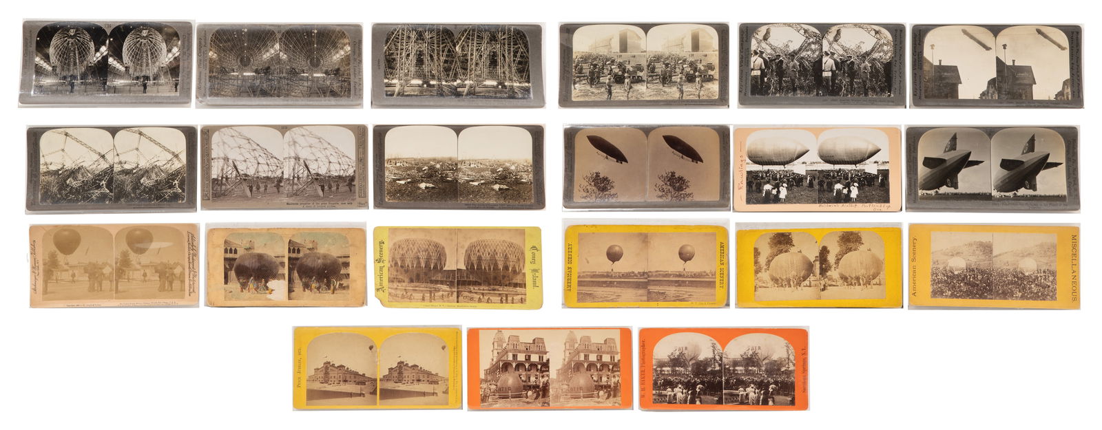 Airship and Balloon Stereoview Assortment: Airship and Balloon Stereoview Assortment Approximately (90) items including 1.75 x 4-inch glass stereo slides of Zeppelin experimental LZ 2 and LZ 3 as well as stereo cards sorted in categories