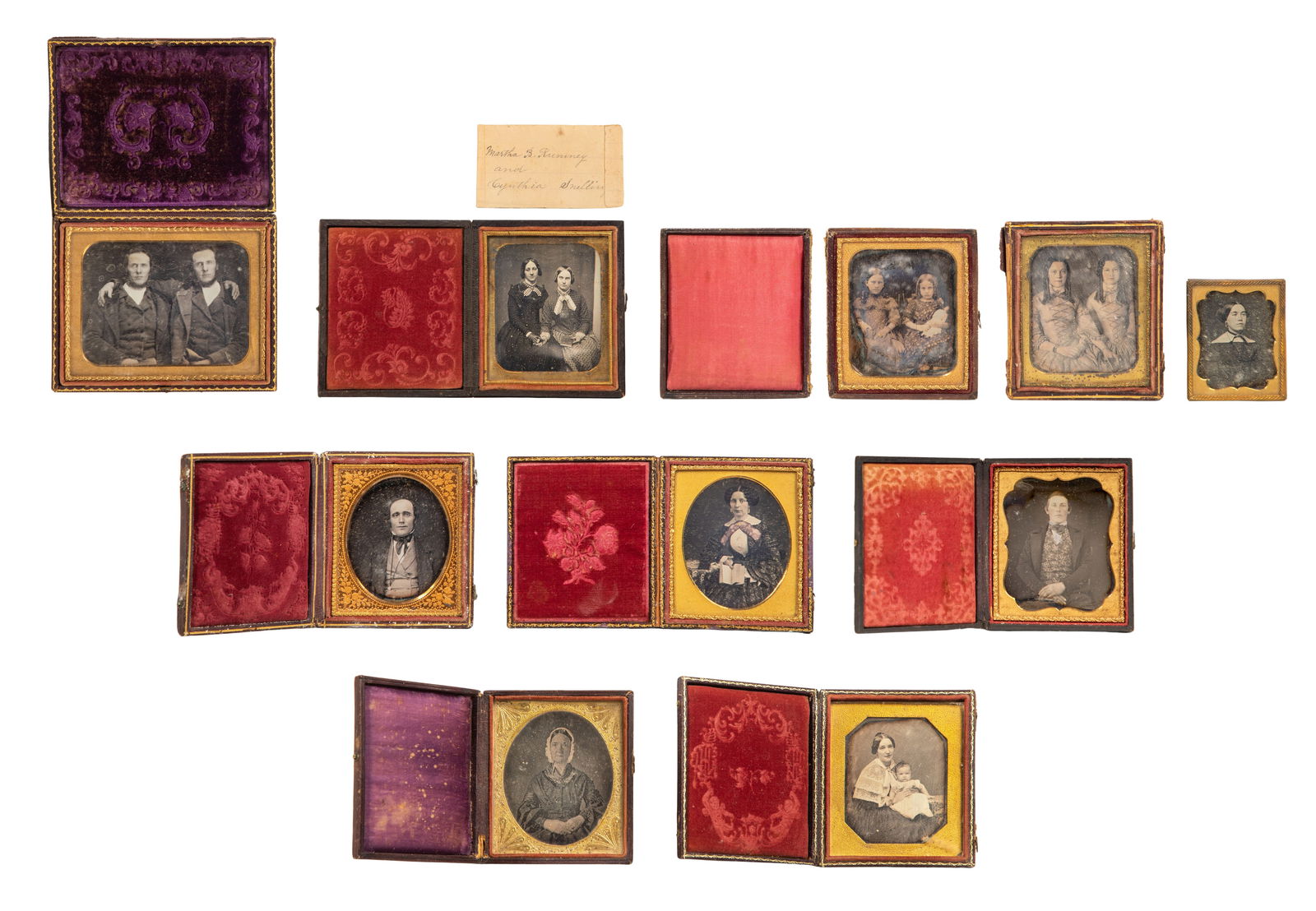 Daguerreotype Assortment: Daguerreotype Assortment (10) daguerreotypes depicting portraits of men, women and children, most having metal frames set in velvet lined leather, wood, gutta-percha or resin cases Property from: an E