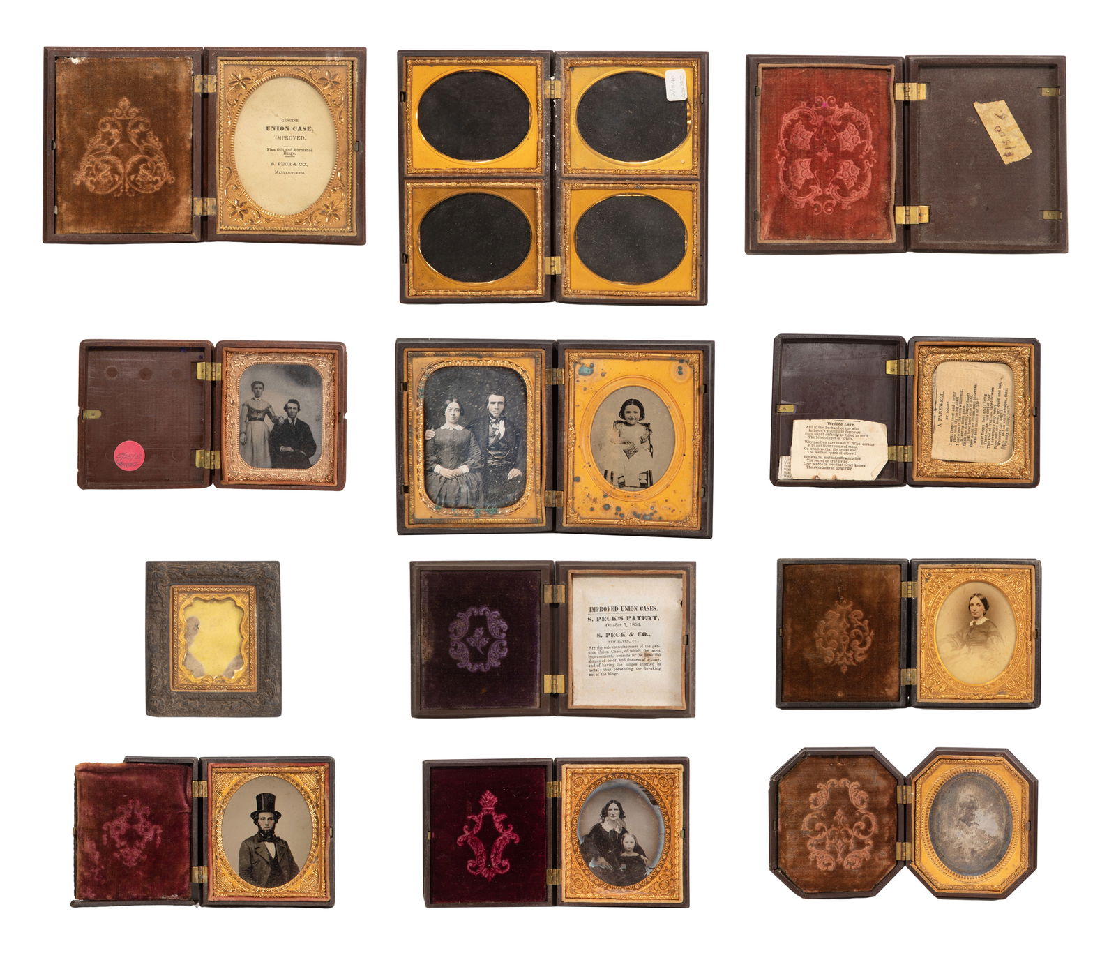 Cased Photograph and Union Case Assortment: Cased Photograph and Union Case Assortment (12) items including (2) daguerreotypes, (3) ambrotypes, a tintype and a hand-tinted opaltype, all quarter plate in six thermal plastic / gutta percha cases
