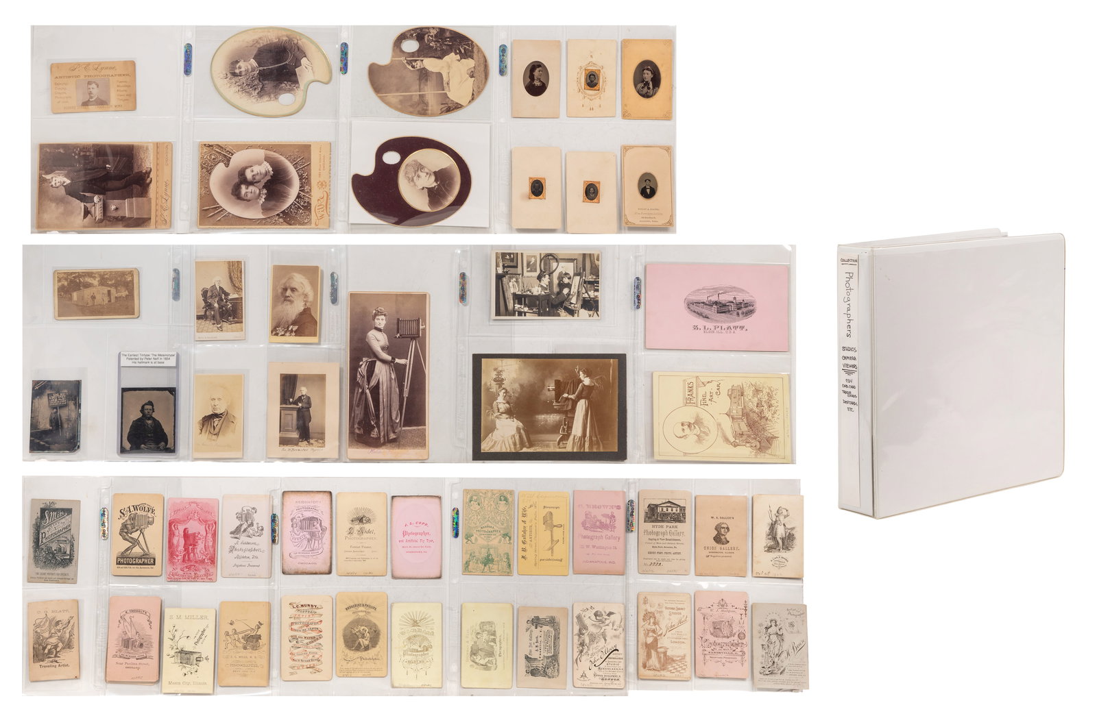 Photographer and Studio Ephemera Assortment: Photographer and Studio Ephemera Assortment Approximately (150) items including postcards, trading cards, cartes de visite, cabinet cards, stored in a labeled binder Property from: an Estate,