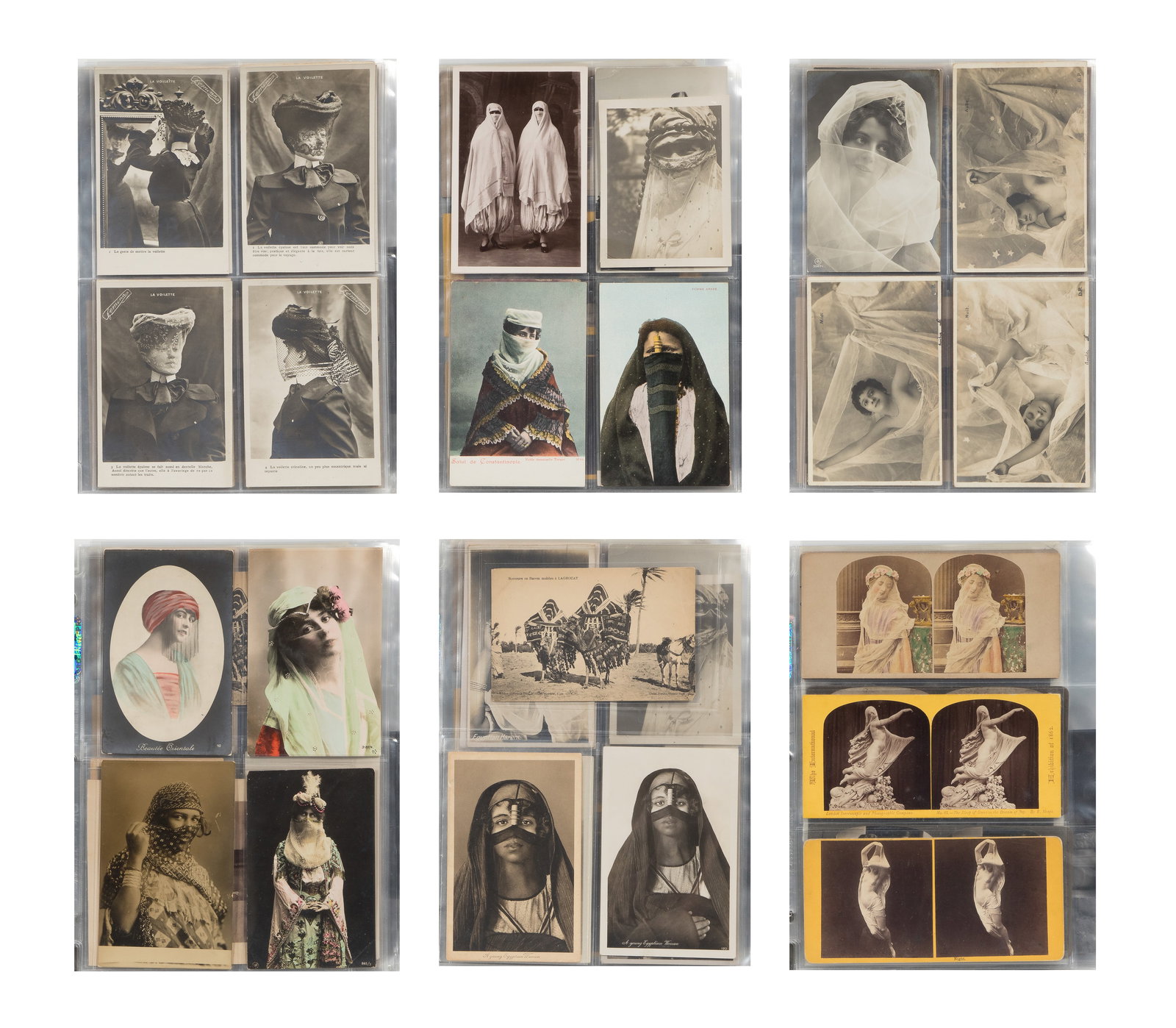 Veil and Fan Photographic Assortment: Veil and Fan Photographic Assortment Approximately (75) items of various sizes, subjects and genres, including veiled women, women having fans, cartes de visite, postcards and photographs, in a