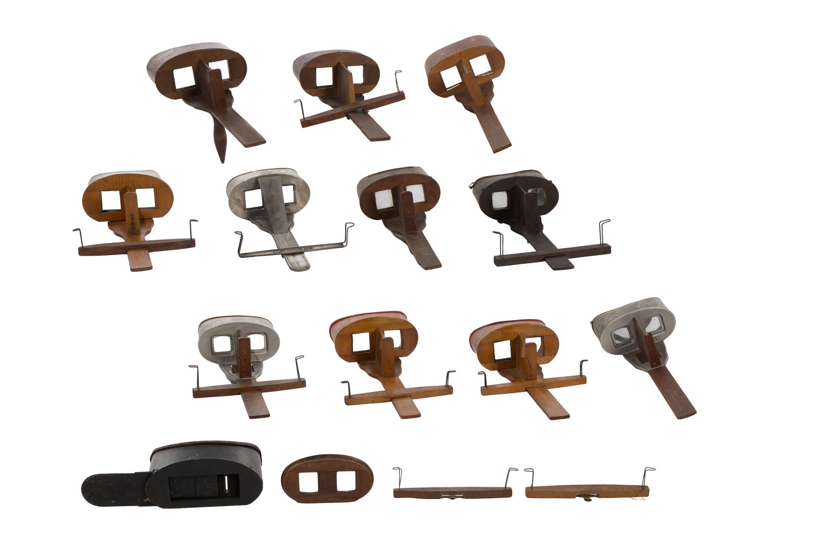 Wood Stereoviewer Assortment: Wood Stereoviewer Assortment (16) items of various sizes, some having etched / embossed metal over wood, trimmed in velvet, folding handle, wire stereoview holders as well as various parts 