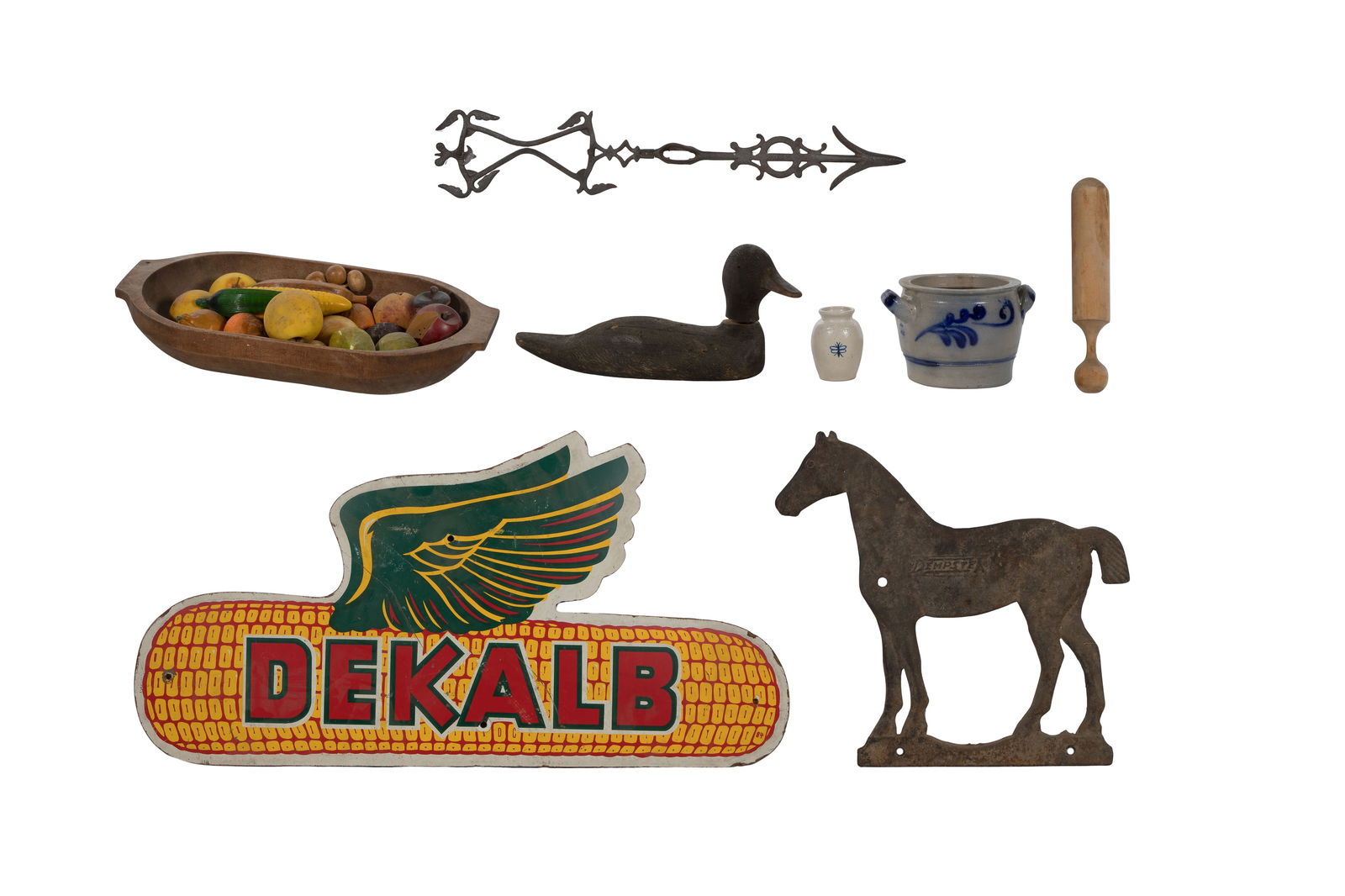 Primitive Object Assortment: Primitive Object Assortment Approximately (25) total items including 1984 DeKalb corn flying ear Masonite board advertisement sign, a Dempster Mill windmill weight having a flat bodied casting of a bo