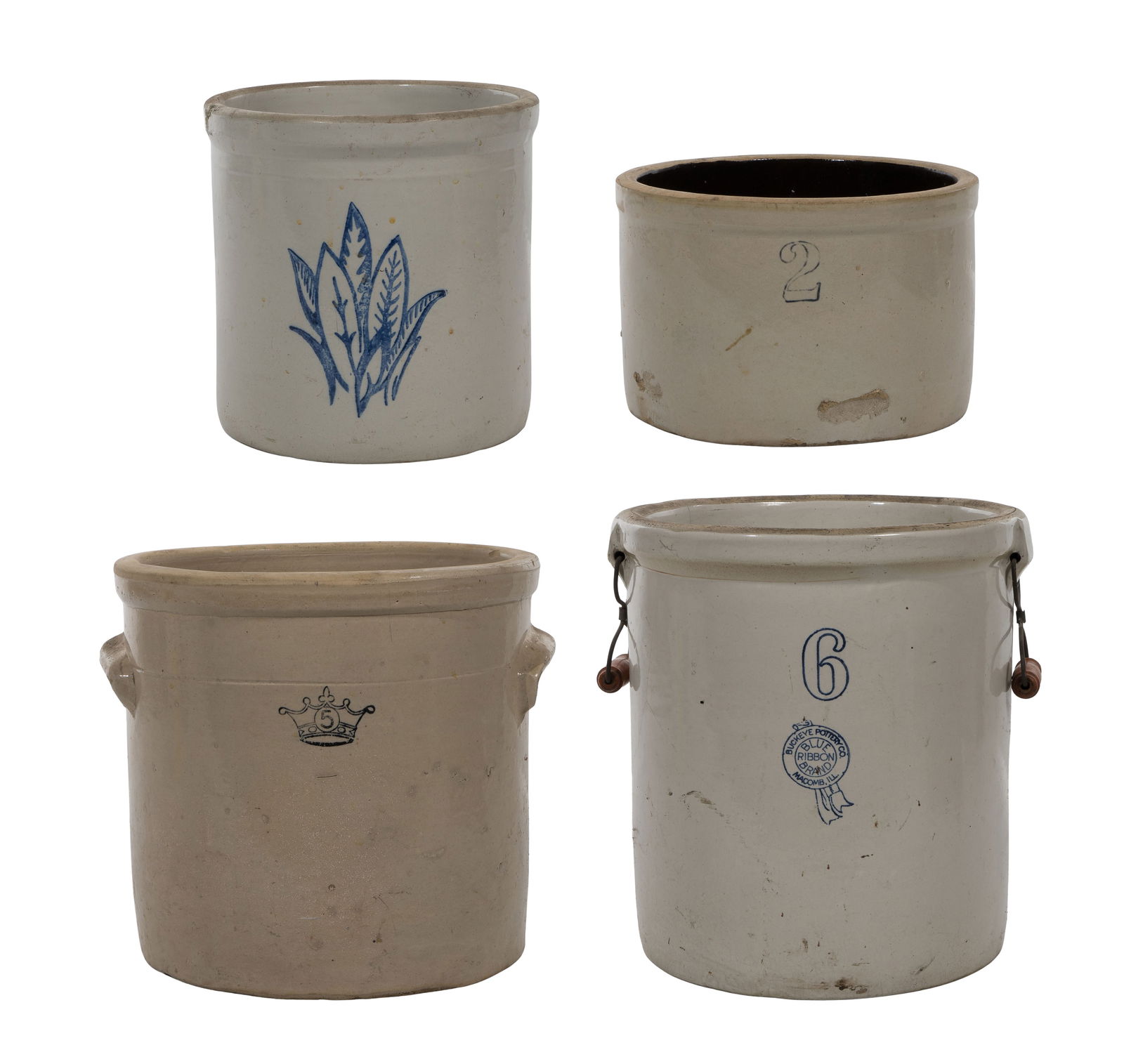 Stoneware Crock Assortment: Stoneware Crock Assortment (4) items including 2-, 3- (Western Stoneware), 5- (Blue Crown) and 6-gallon open crocks Property from: an Estate, Chicago, Illinois Height: 14 1/2 inches,