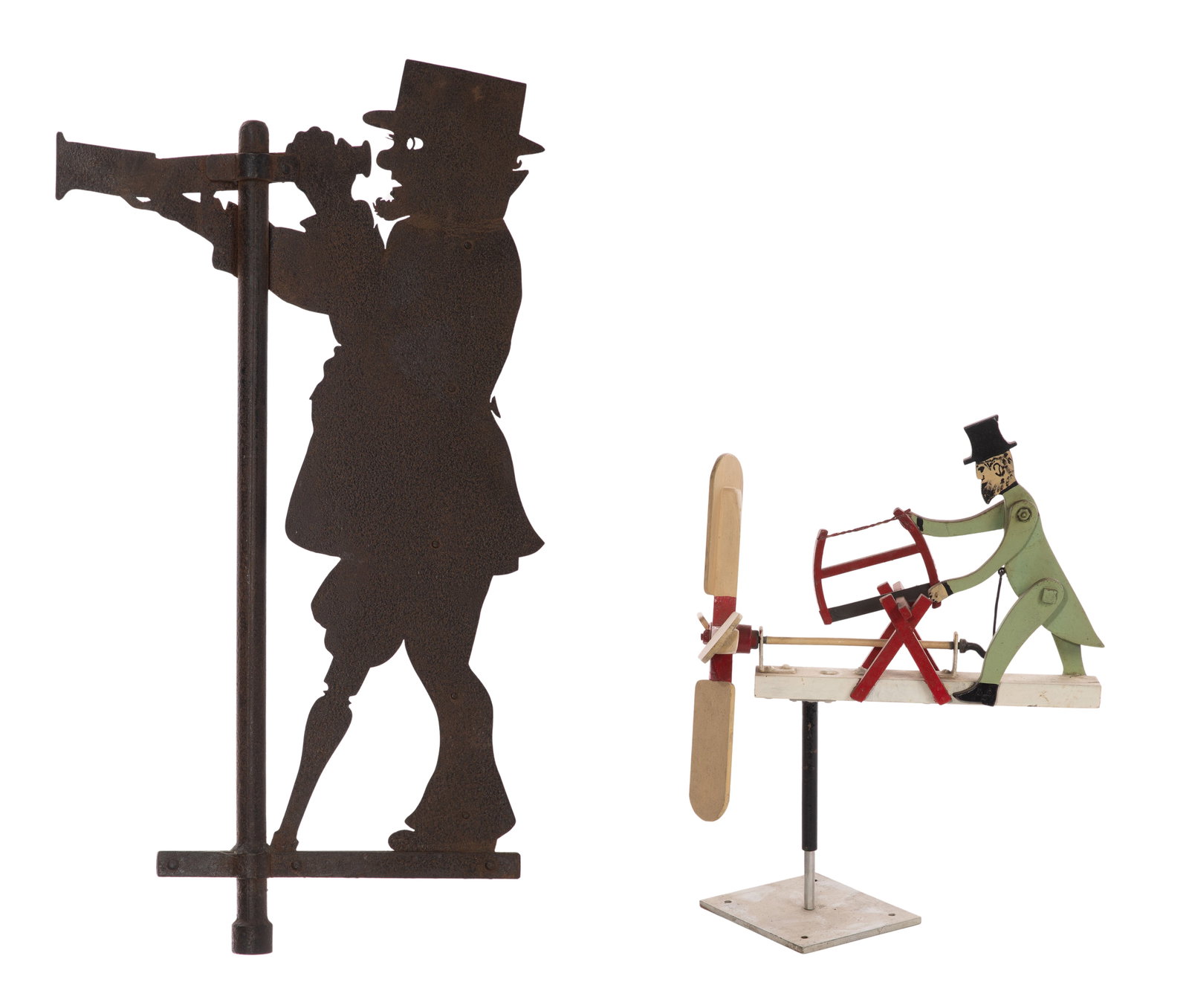 Weathervane and Whirligig: Weathervane and Whirligig (2) items including an iron ship's Captain having a spy glass, peg leg and the ability to rotate 360-degrees as well as a whirligig depicting a man in a green uniform and