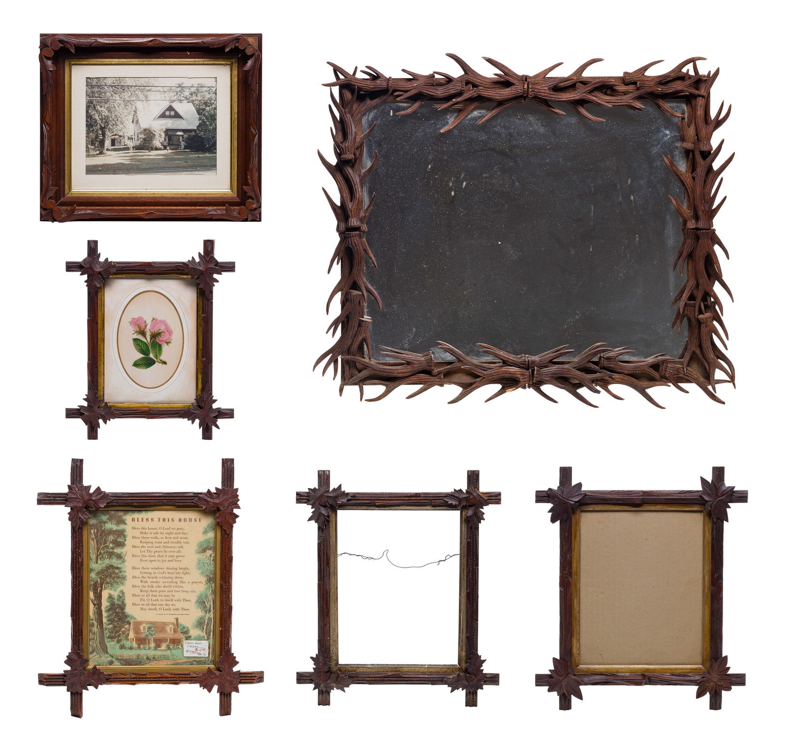 Tramp Art Frame Assortment: Tramp Art Frame Assortment (6) items, including a mirror in a frame having attached wood faux mule deer antlers and (5) having carved foliate decorations at corners, most having glass, some retaining