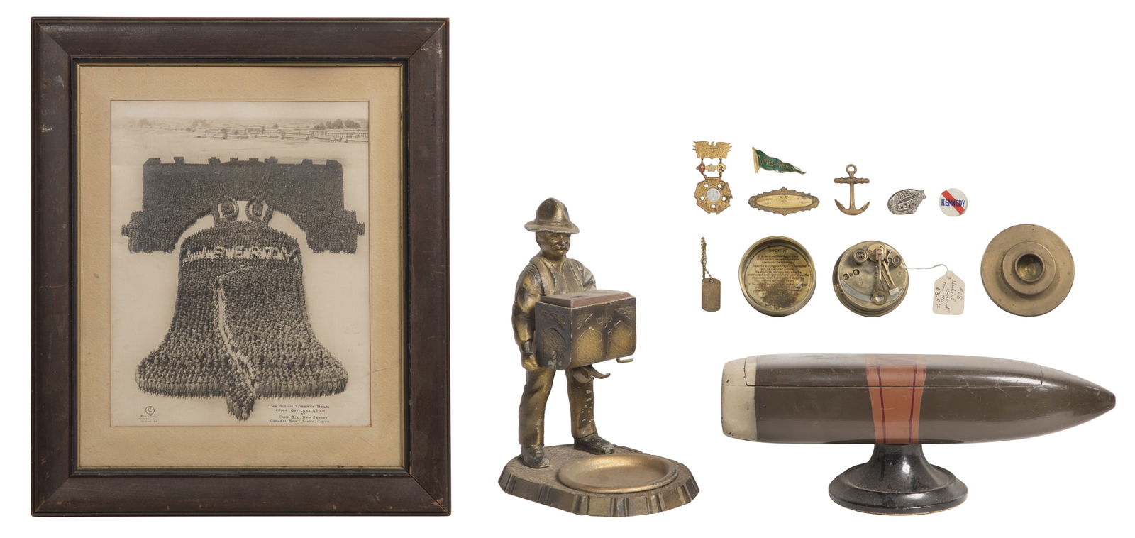 Photograph and Object Assortment: Photograph and Object Assortment (11) items of various forms, sizes, metals and subjects, including a framed 1918 aerial photograph of a human Liberty Bell by Mole and Thomas, a 1911 naval