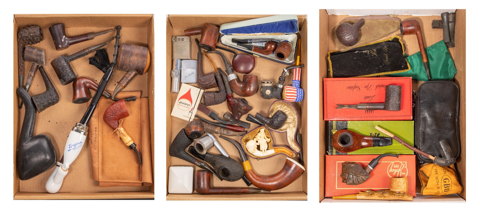 Pipe Assortment: Pipe Assortment Approximately (40) total items of various sizes, designs, parts and materials including meerschaum, Savenelli, Hilson, Regina; together with (5) lighters, some having original