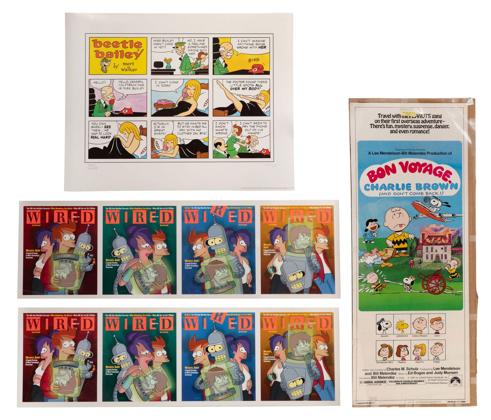 Animation Art Print and Poster Assortment: Animation Art Print and Poster Assortment (4) items including a serigraph of a 'Beetle Bailey' color strip by Mort Walker, pencil signed, #299/395, rolled, a 1980 'Bon Voyage, Charlie Brown' offset li