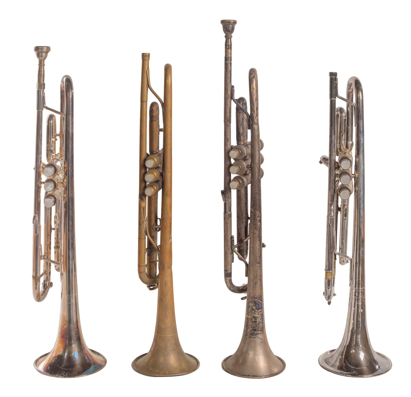 Trumpet Assortment: Trumpet Assortment (4) items including a brass Marceau, a silverplate Cavalier, a silverplate Eterna 700 by Getzen and a silverplate Stradivarius by Bach having case Property from: an Estate, Chicago,