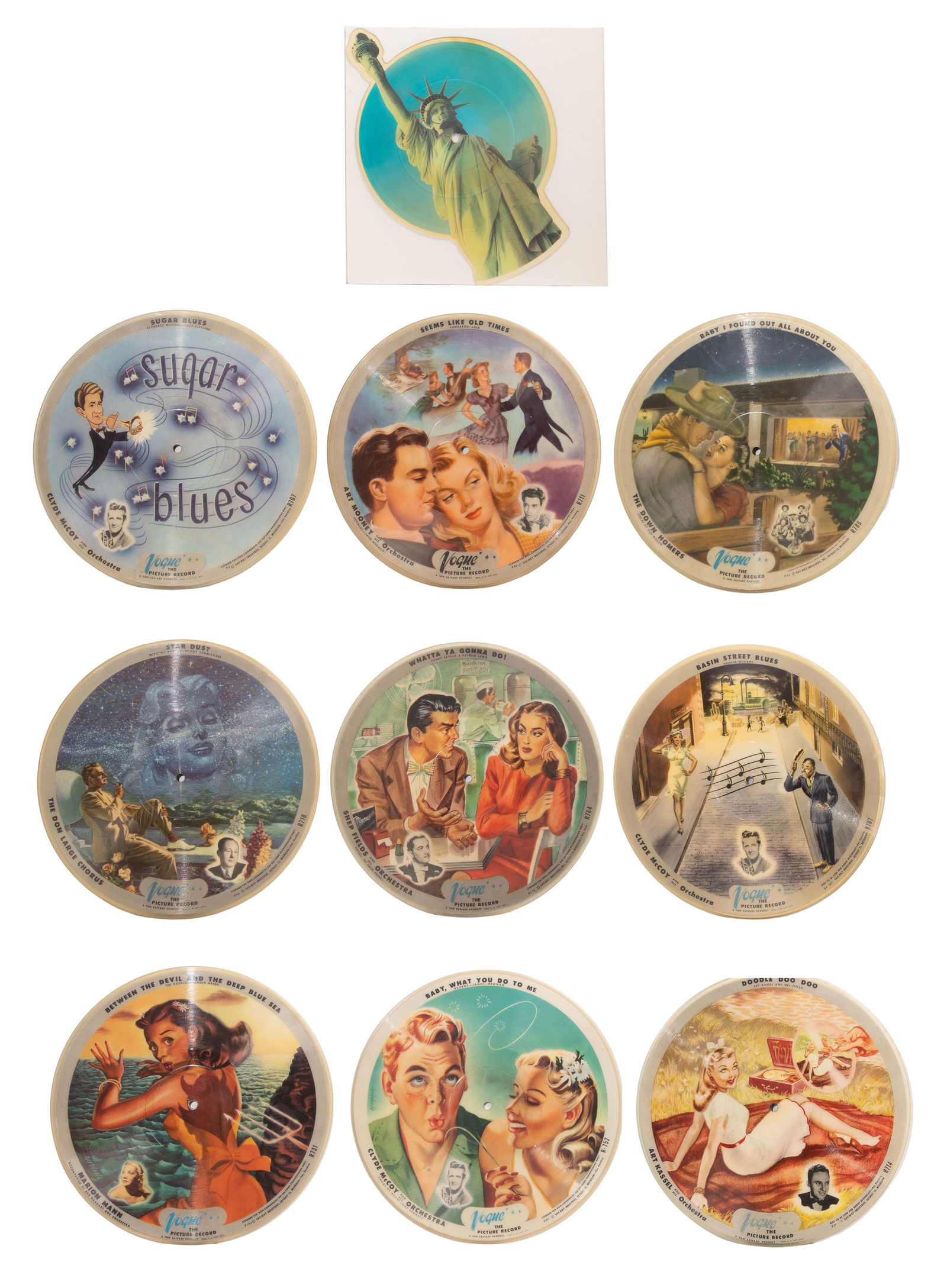 Vogue Picture Record Assortment: Vogue Picture Record Assortment (10) total items including Clyde McCoy #R752, (2) #R707 Marion Mann #R731, (2) Shep Fields #R764, The Down Homers #R786, Art Kassel #R714 and Art Mooney #R711/713