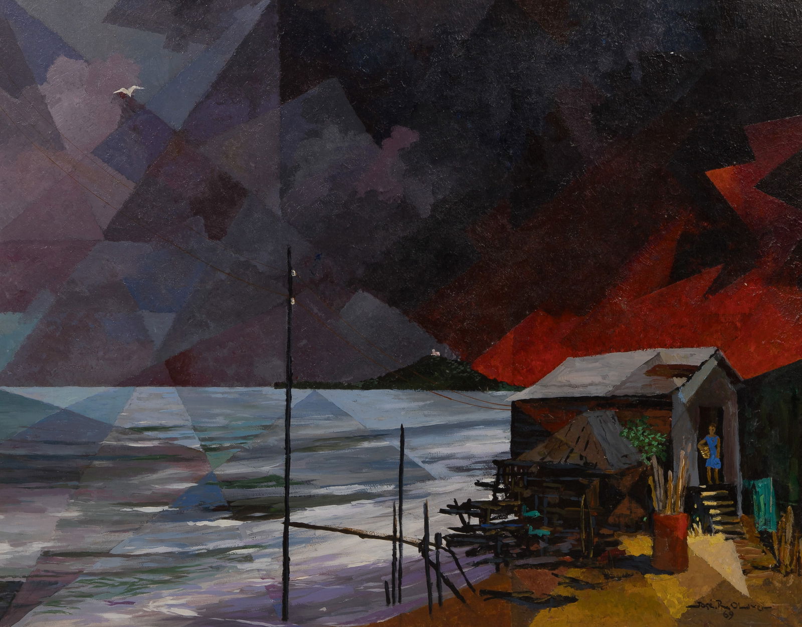 Jose R. Oliver (Puerto Rican, 1901-1979) 'El Faro De Arecibo' Acrylic on Panel: Jose R. Oliver (Puerto Rican, 1901-1979) 'El Faro De Arecibo' Acrylic on Panel 1969, signed, using geometric planes, vibrant colors and fragmented forms to depict a landscape, blending abstraction